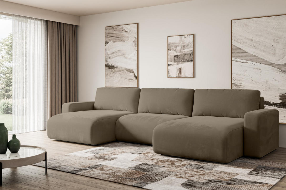 WOHNLANDSCHAFT mit Schlaffunktion und Bettkasten KLEEA-U - 347x143x83 cm Braun Velours - Schwarz/Braun, Holzwerkstoff/Kunststoff (347/83/143cm) - ALTDECOR