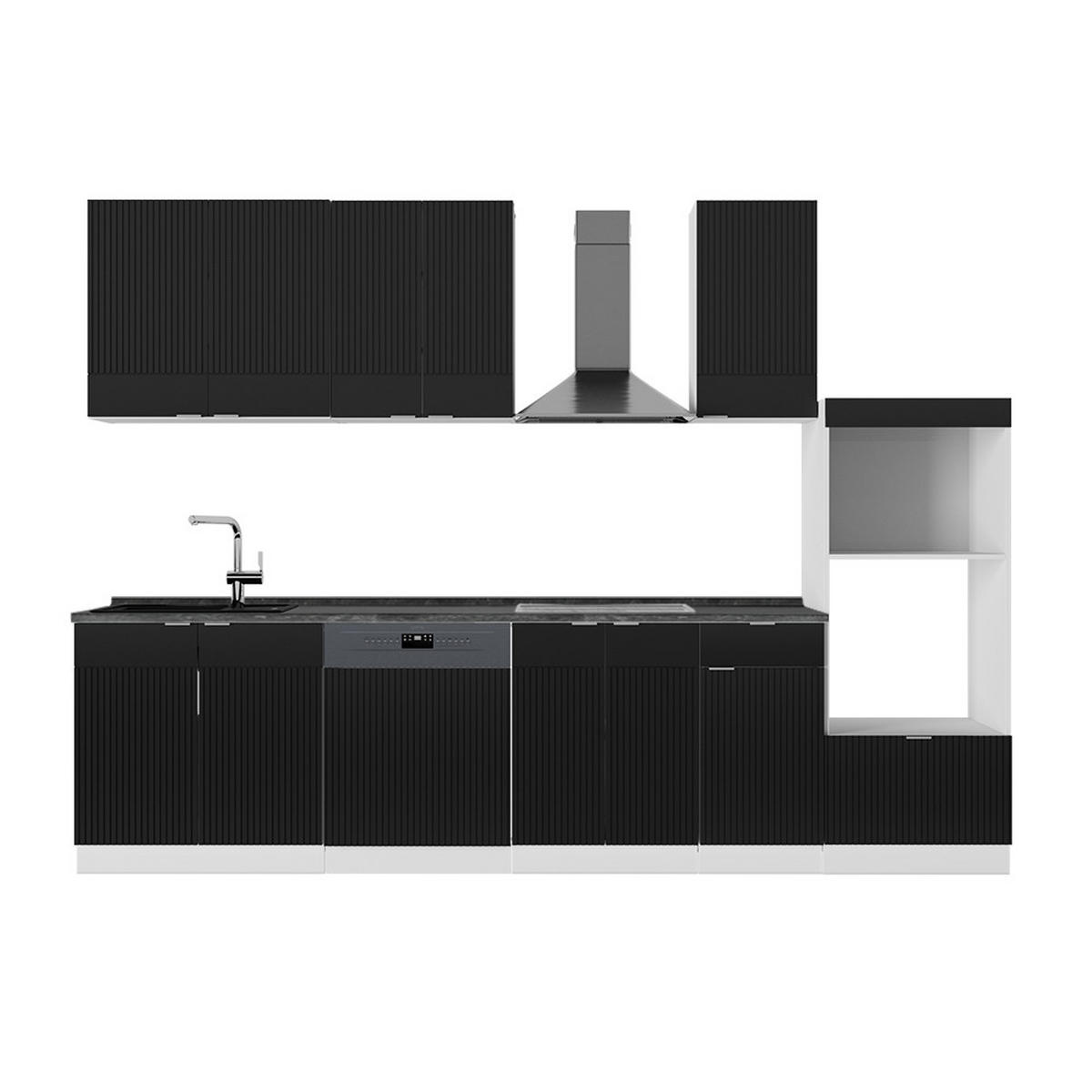 KÜCHENZEILE Fame-Line, Schwarz gestreift/Weiß, 300 cm mit Hochschrank, AP Anthrazit - Schwarz/Weiß, Holzwerkstoff (300/81.6/60cm) - Vicco