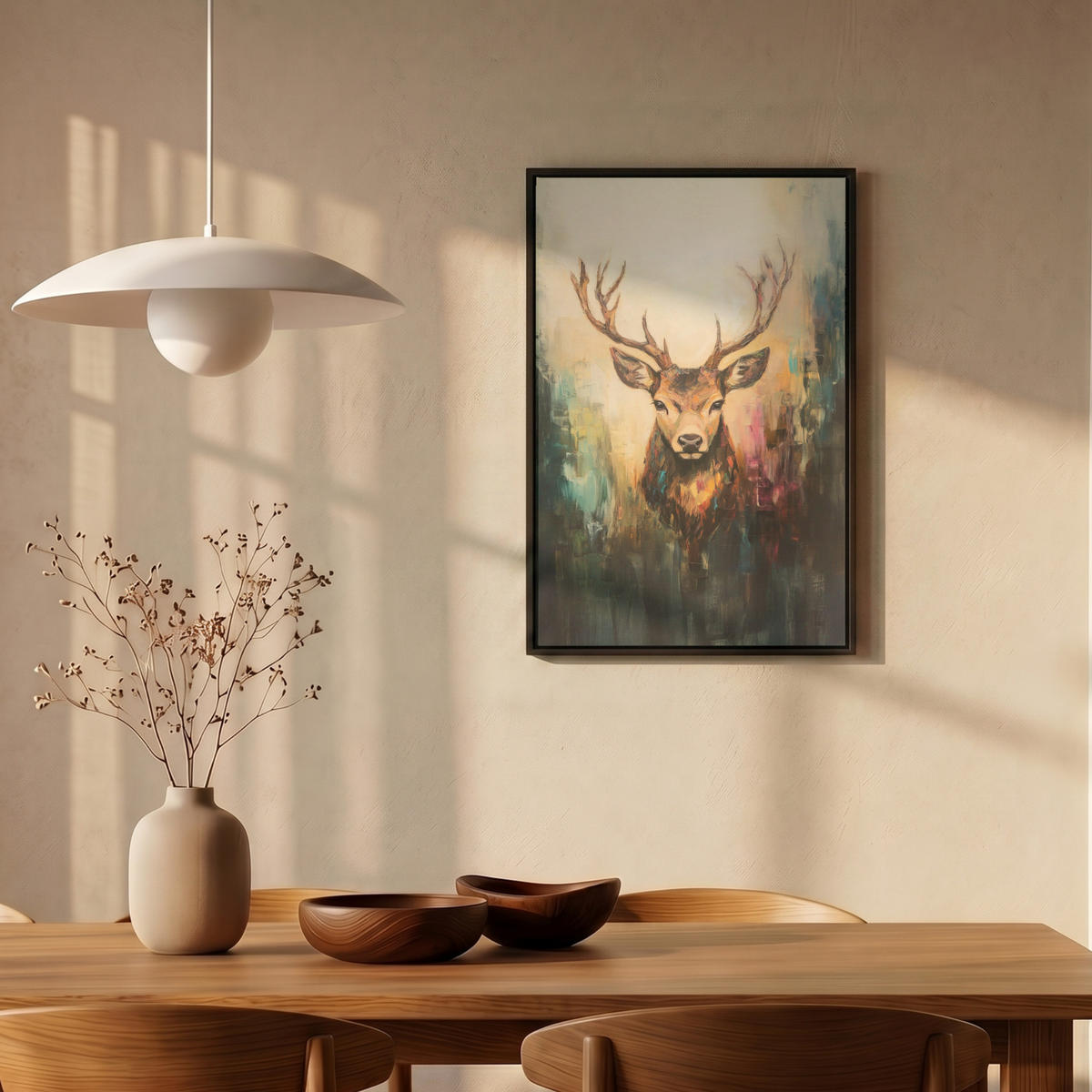 LEINWAND Bilder mit Rahmen - Hirsch - Gemalt - Geweih - Braun - 40x60 - Haselnussfarben, Textil (40/60cm) - MuchoWow
