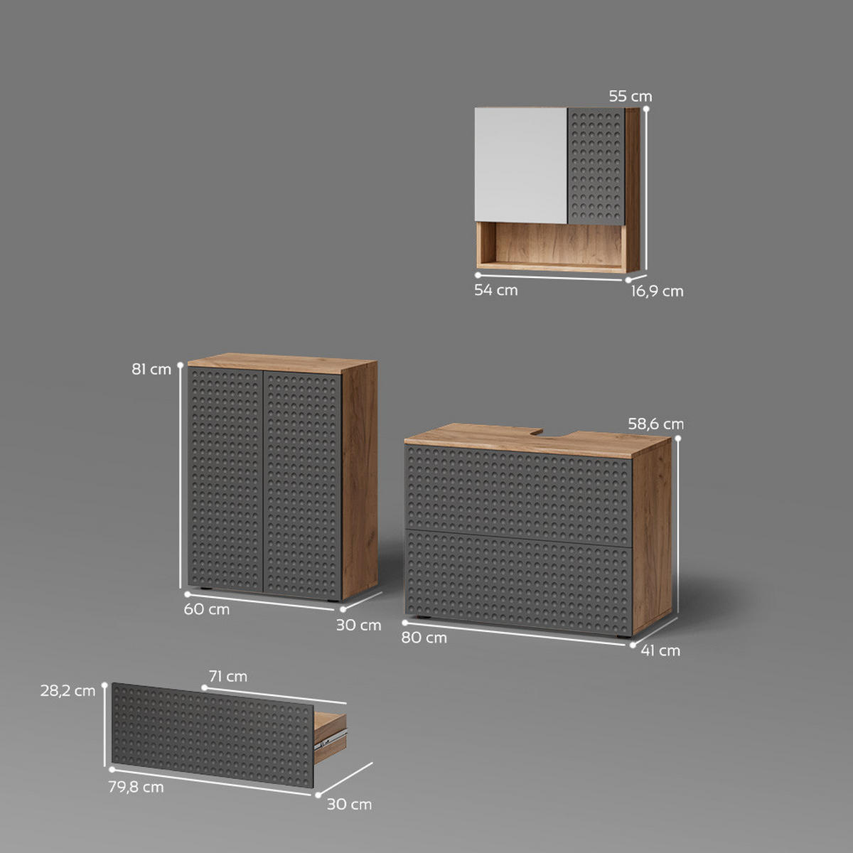 BADMÖBEL-SET Ronco Anthrazit gestreift 3 Teile, mit Unterschrank 80 cm - Eichefarben/Anthrazit, Holzwerkstoff (80/58/41cm) - Livinity®