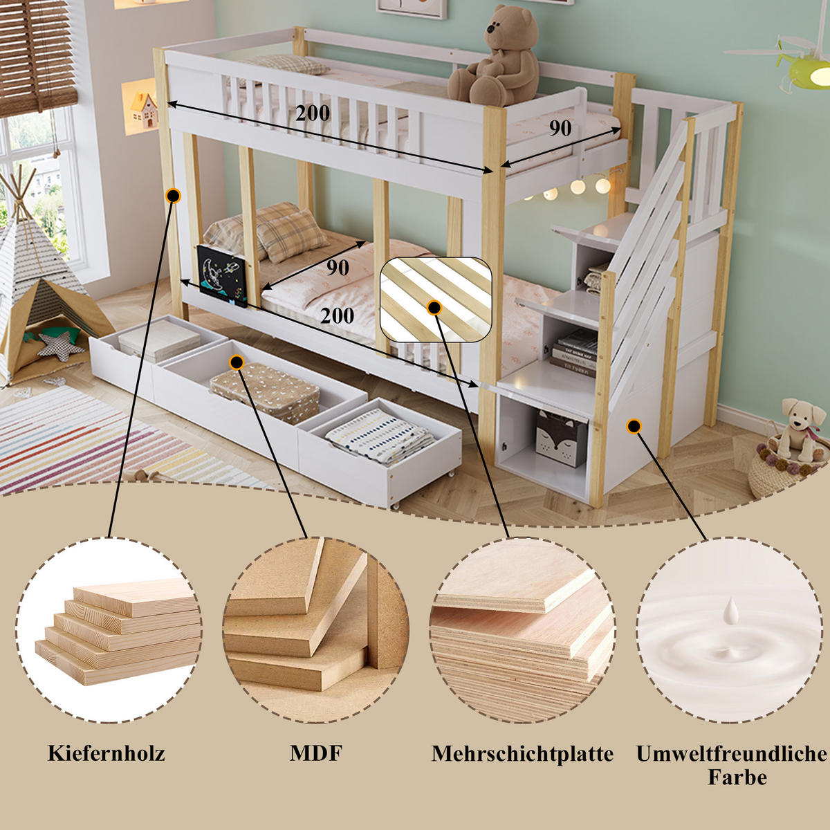 ETAGENBETT 90/200 cm in Weiß/Natur mit Treppenschrank und 3 Schubladen - Weiß, Holzwerkstoff (90/200cm) - Flora Grace