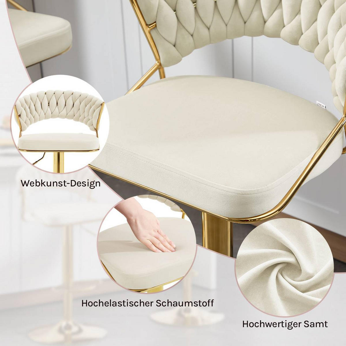 BARHOCKER mit geflochtener Rückenlehne, Samt, Creme - Goldfarben/Creme, Textil/Metall (48/83/46.5cm) - Woltu