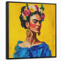 LEINWAND Bilder mit Rahmen - Frida Kahlo - Frau - Gelb - Blau - Blumen - 50x50 - Gelb, Textil (50/50cm) - MuchoWow