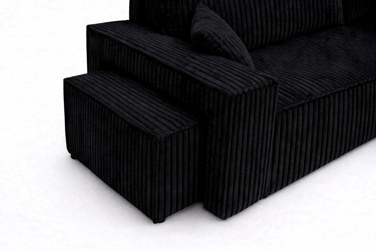 ECKSOFA Mit Schlaffunktion Und Pouf, Cordstoff Tilia, Schwarz, Rechts, Best L Mit Pouf - Schwarz, Holz (244/145cm) - Kaiser Möbel