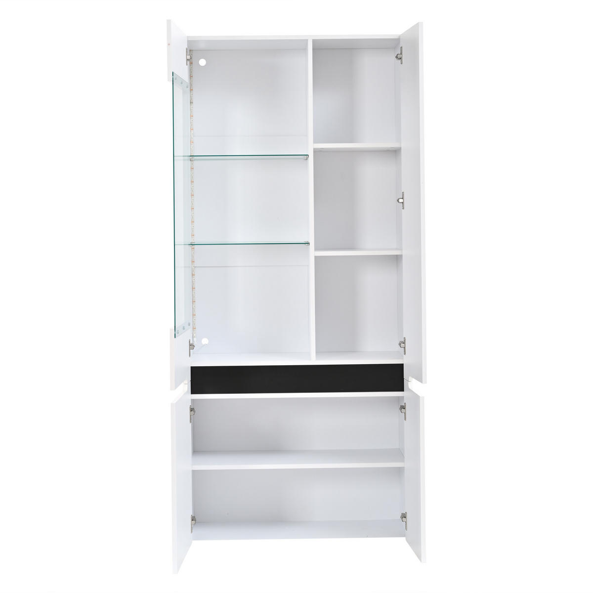 VITRINE 80x35x180 cm Weiß mit LED und 4 Glastüren - Weiß, Holzwerkstoff (80/180/35cm) - FLIEKS