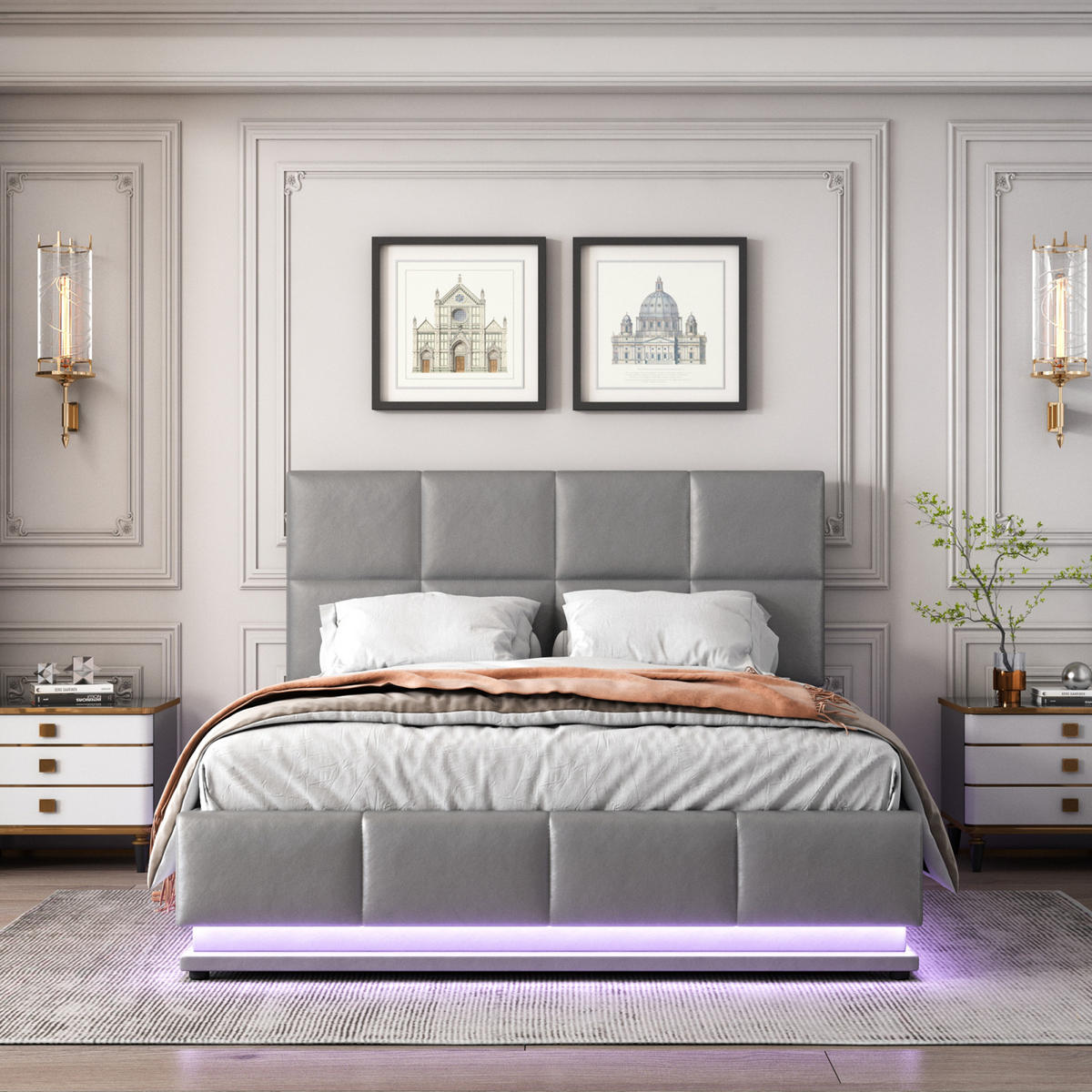 POLSTERBETT 140x200 cm, Grau, mit LED-Beleuchtung - Grau, Textil/Metall (140/200cm)