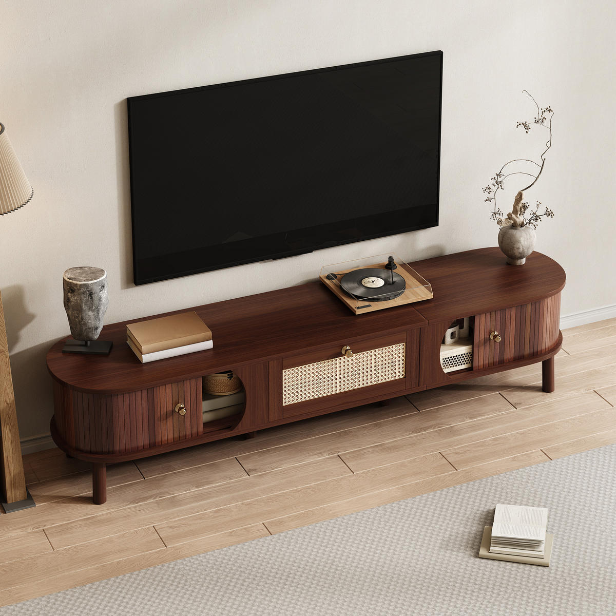 TV-LOWBOARD 170/39,5/38 cm mit Rattanschubladen und Schiebetür - Eichefarben, Holzwerkstoff (170/38/39.5cm) - BEAOK