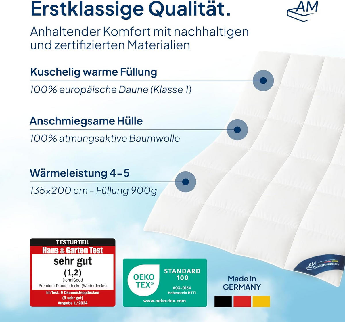 AM Qualitätsmatratzen Premium Winter Daunen Bettdecke 2er Set Made in Germany aus 100 % Daunen 135x200cm - Weiß, Textil (160/210cm) - AM Qualitätsmatratzen