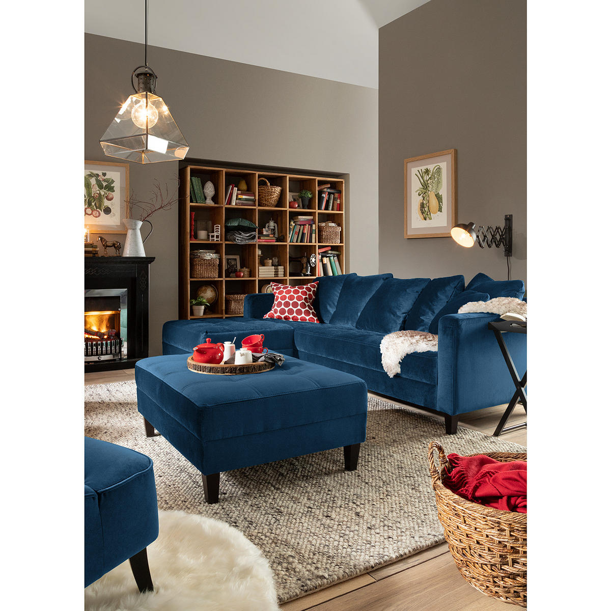 ECKSOFA mit Ottomane - Samt - Petrol, Textil (254/165cm) - home24