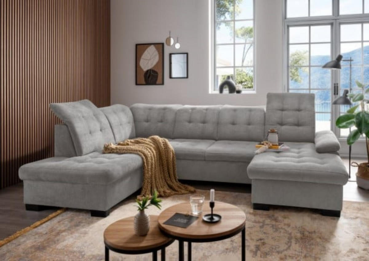 WOHNLANDSCHAFT mit Schlaffunktion und Bettkasten, verstellbare Kopflehnen - Hellgrau/Schwarz, Kunststoff/Textil (305/163/216cm) - myHomelando