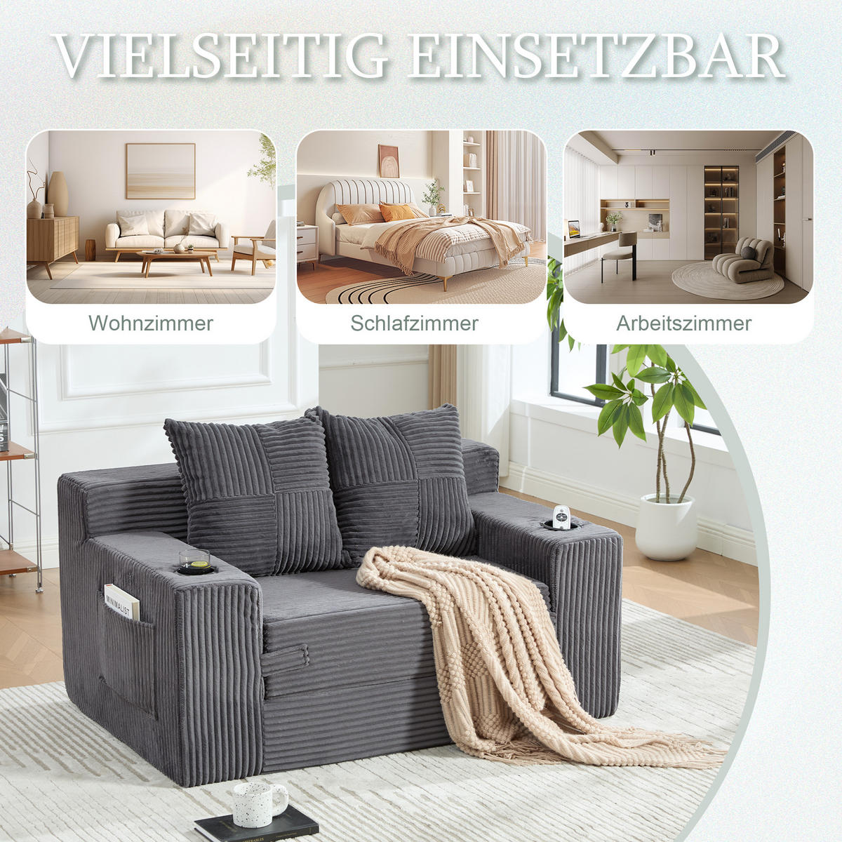 1,5-SITZER ausklappbar, Getränkehalter/Seitentasche, Cord, Grau - Grau, Textil (133/64/87cm) - LVHOM