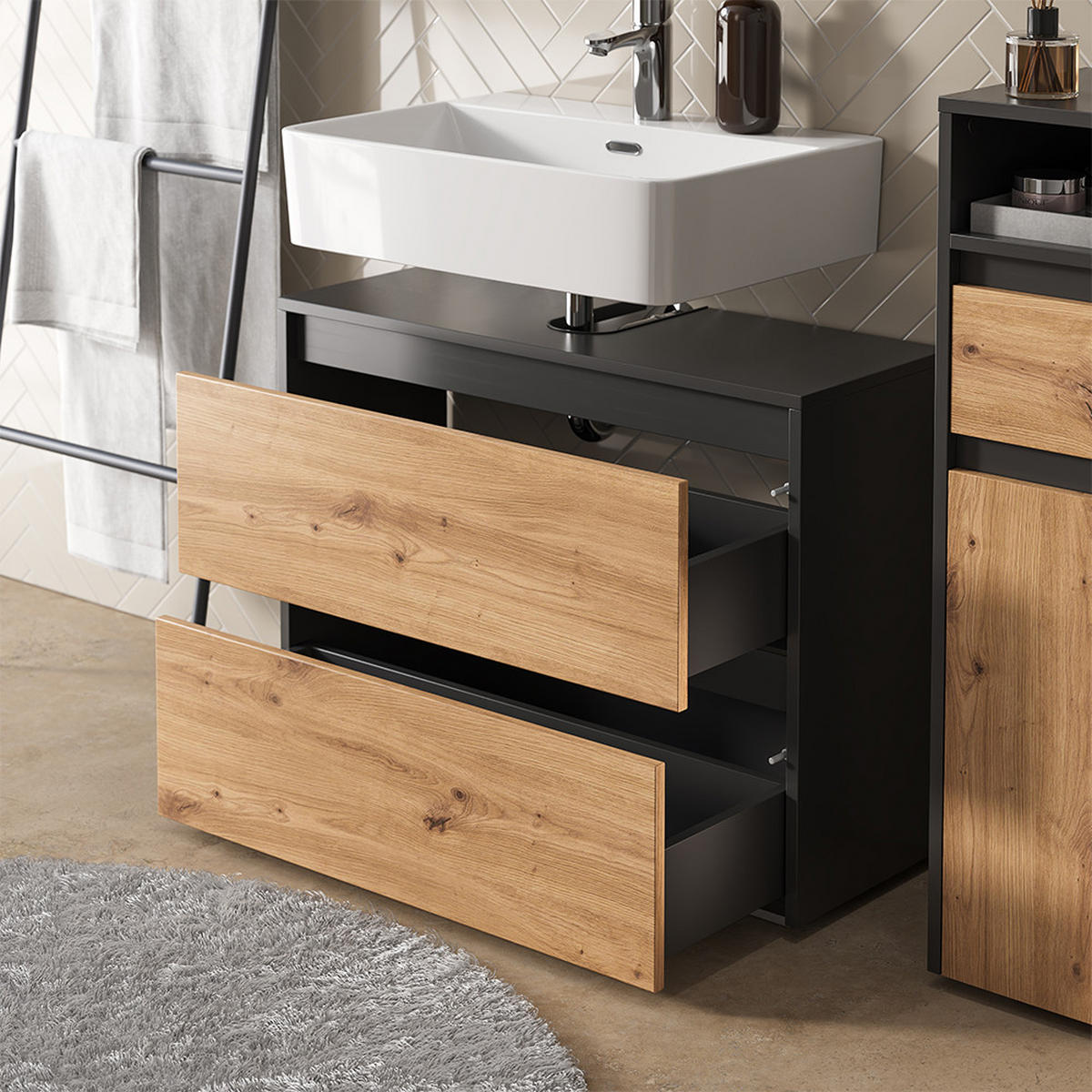 BADMÖBEL-SET Majest Anthrazit/Artisan 3 Teile - Anthrazit/Hellgrau, Holzwerkstoff (30.2/96.3/30cm) - Vicco