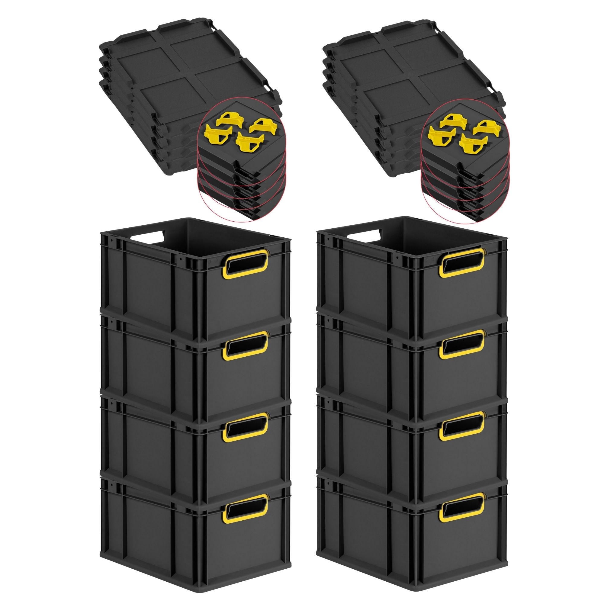 EUROBOX 8x NextGen Color mit Auflagedeckel 22x30x40 cm 20 Liter Schwarz Griffe gelb offen - Gelb/Schwarz, Kunststoff (30/22/40cm) - PROREGAL