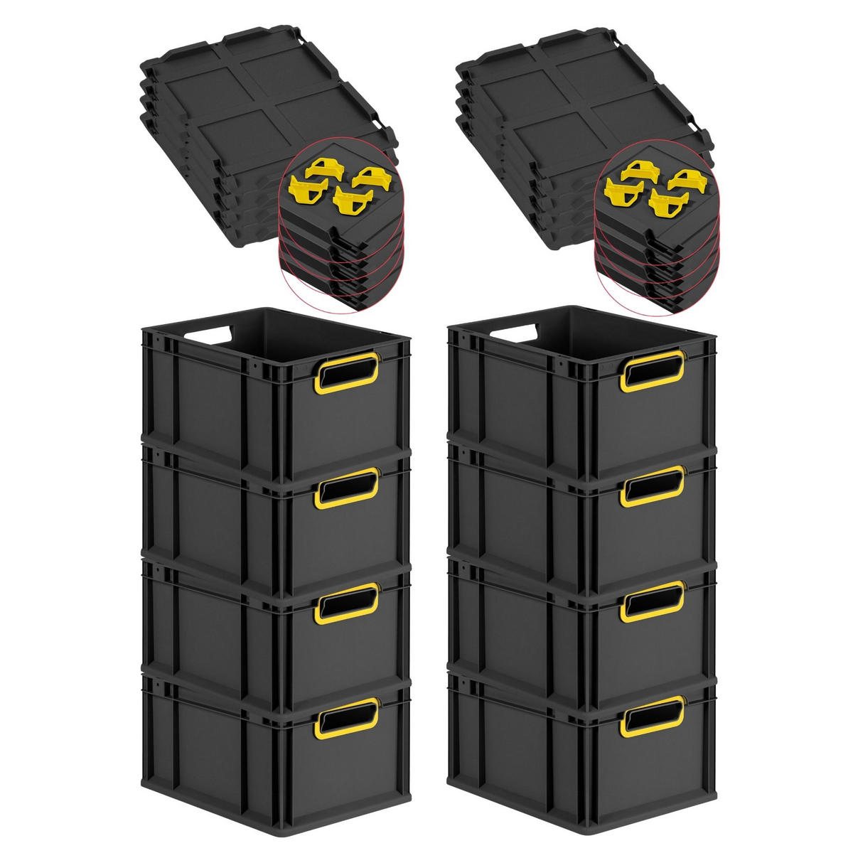 EUROBOX 8x NextGen Color mit Auflagedeckel 22x30x40 cm 20 Liter Schwarz Griffe gelb offen - Gelb/Schwarz, Kunststoff (30/22/40cm) - PROREGAL
