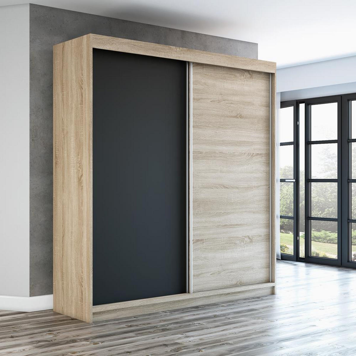 SCHWEBETÜRENSCHRANK 120 CM PAX Farbe: Sonoma / schwarz / sonoma - Schwarz/Braun, Holzwerkstoff (120/215/59.5cm) - A&J MöbelLand