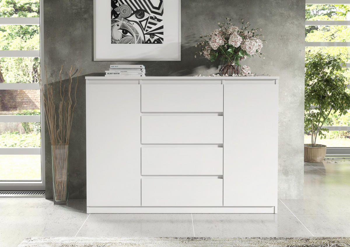 KOMMODE NUDO 120/101,5/39cm mit 4 Schubladen 2 Türen Weiß - Weiß, Holzwerkstoff (120/101.5/39cm) - MASSENO
