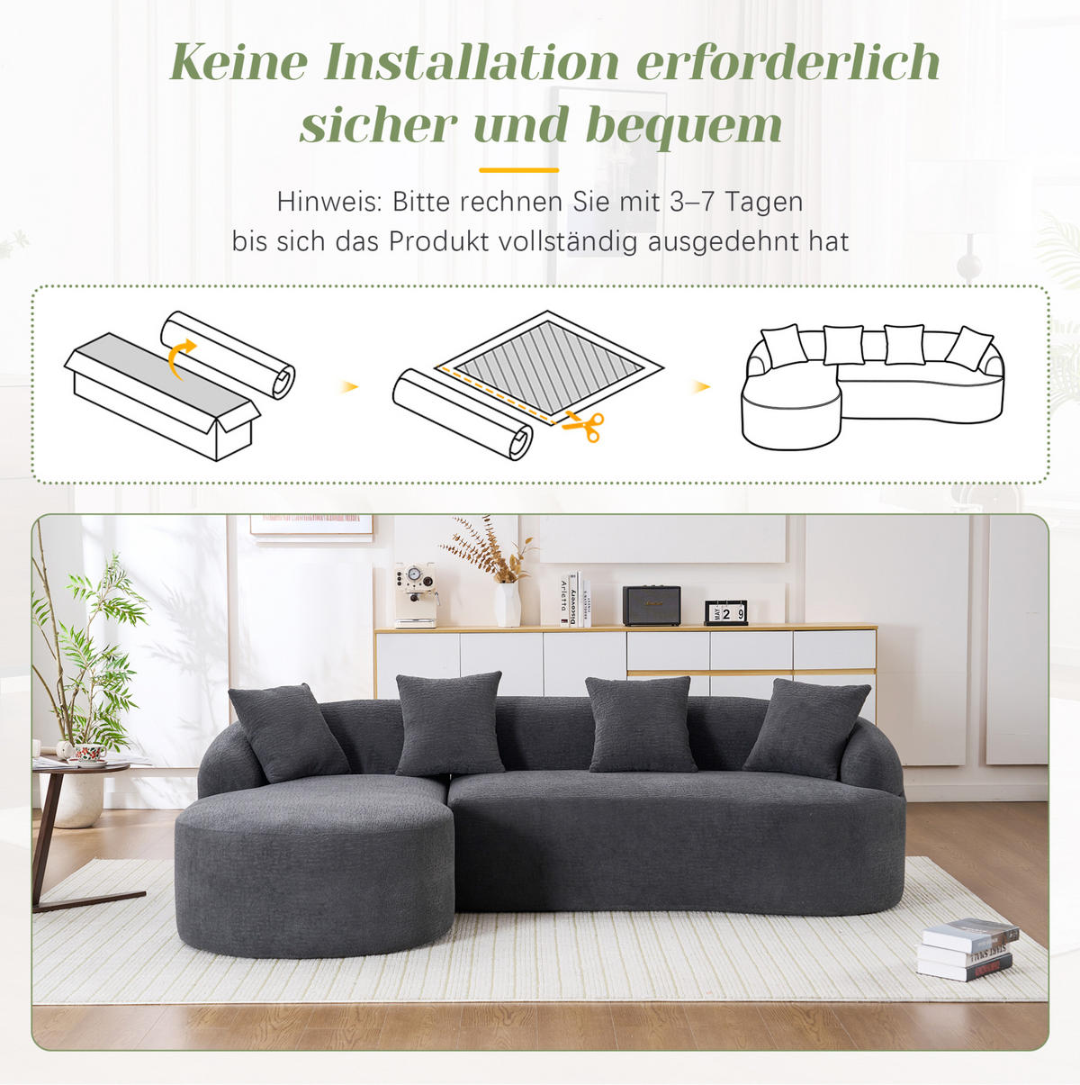 SOFA 3-Sitzer bogenförmig Chenille Dark Grey - Dunkelgrau, Textil (150/243cm) - Meubliv