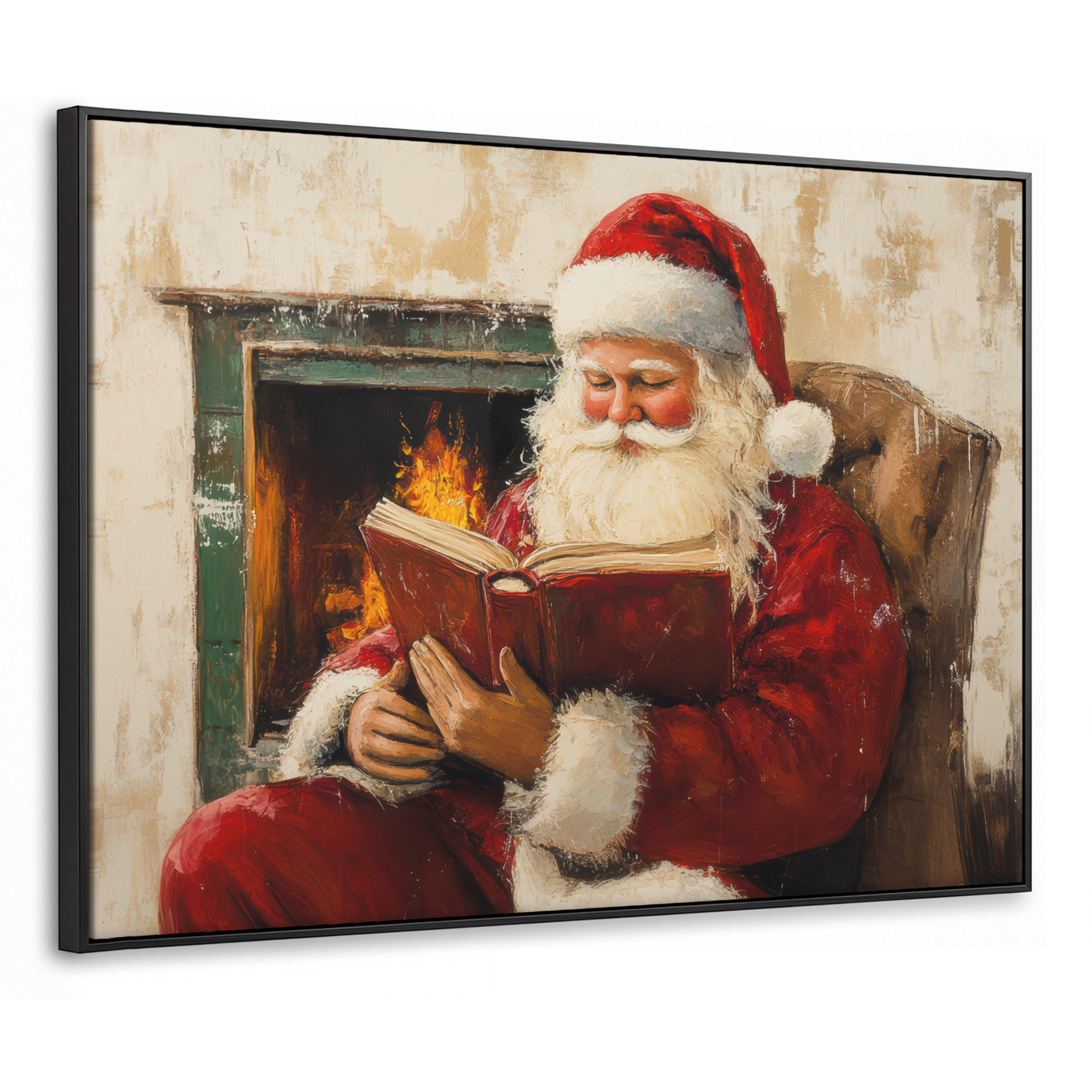 LEINWAND Bilder mit Rahmen - Weihnachten - Weihnachtsmann - Winter - Open Fireside - 80x60 - Dunkelrot, Textil (80/60cm) - MuchoWow