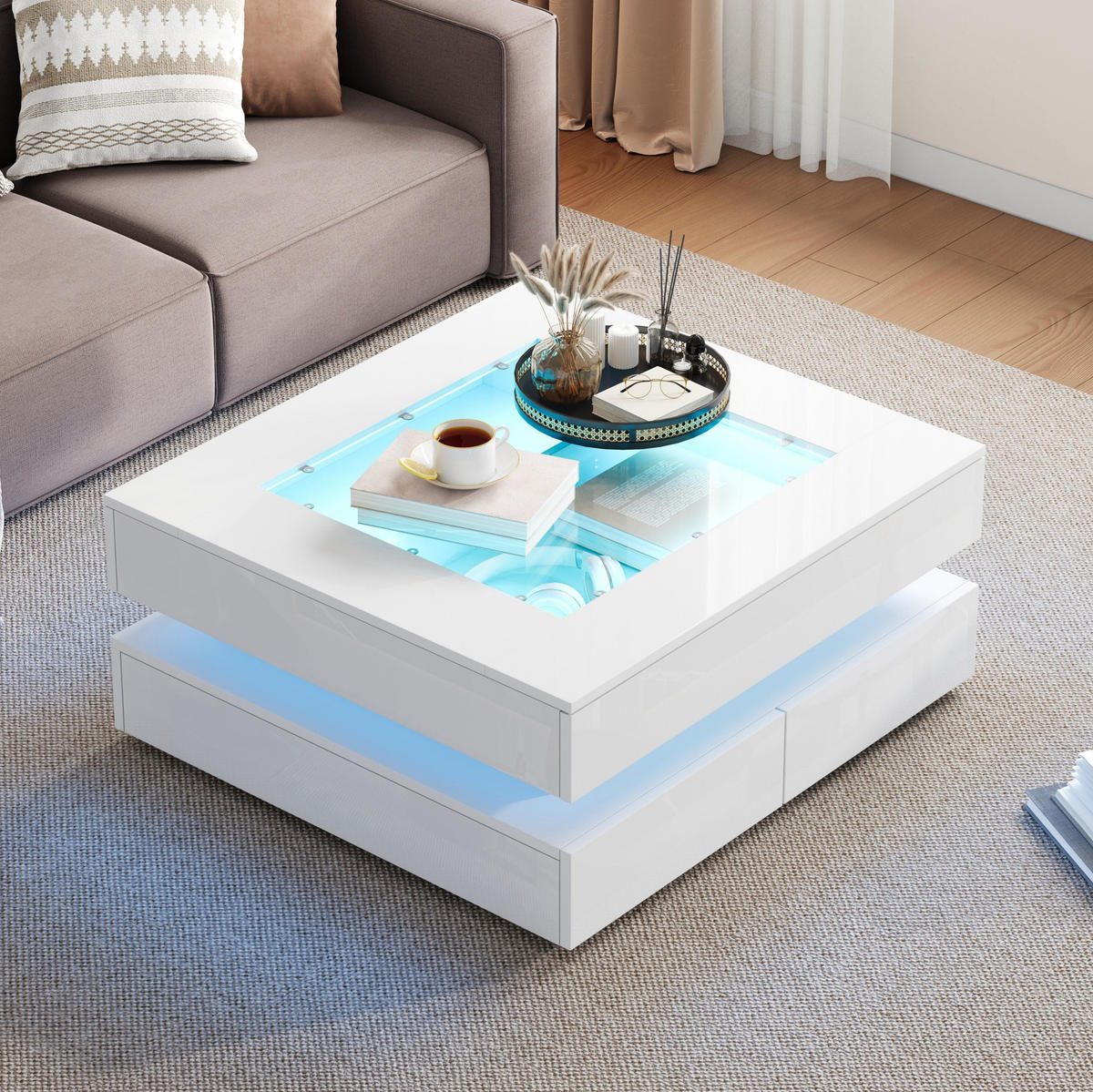 COUCHTISCH 70/70 cm mit LED-Beleuchtung, Glasplatte und 3 Schubladen - Weiß, Holzwerkstoff (70/70/35cm) - BEAOK
