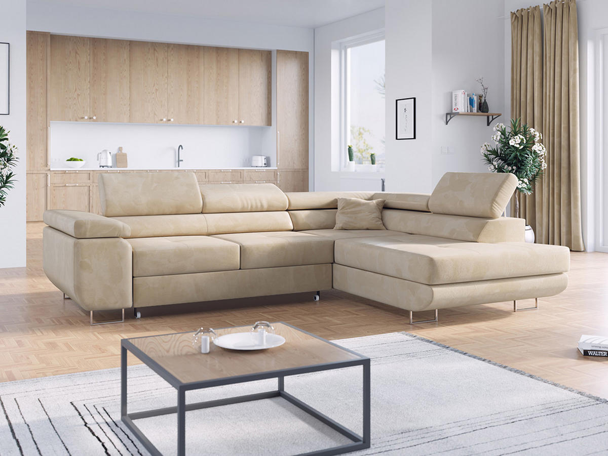 ECKSOFA GUSTAW L Beige Velvet Rechts Seite - Beige/Silberfarben, Textil/Metall (275/205cm) - MKS