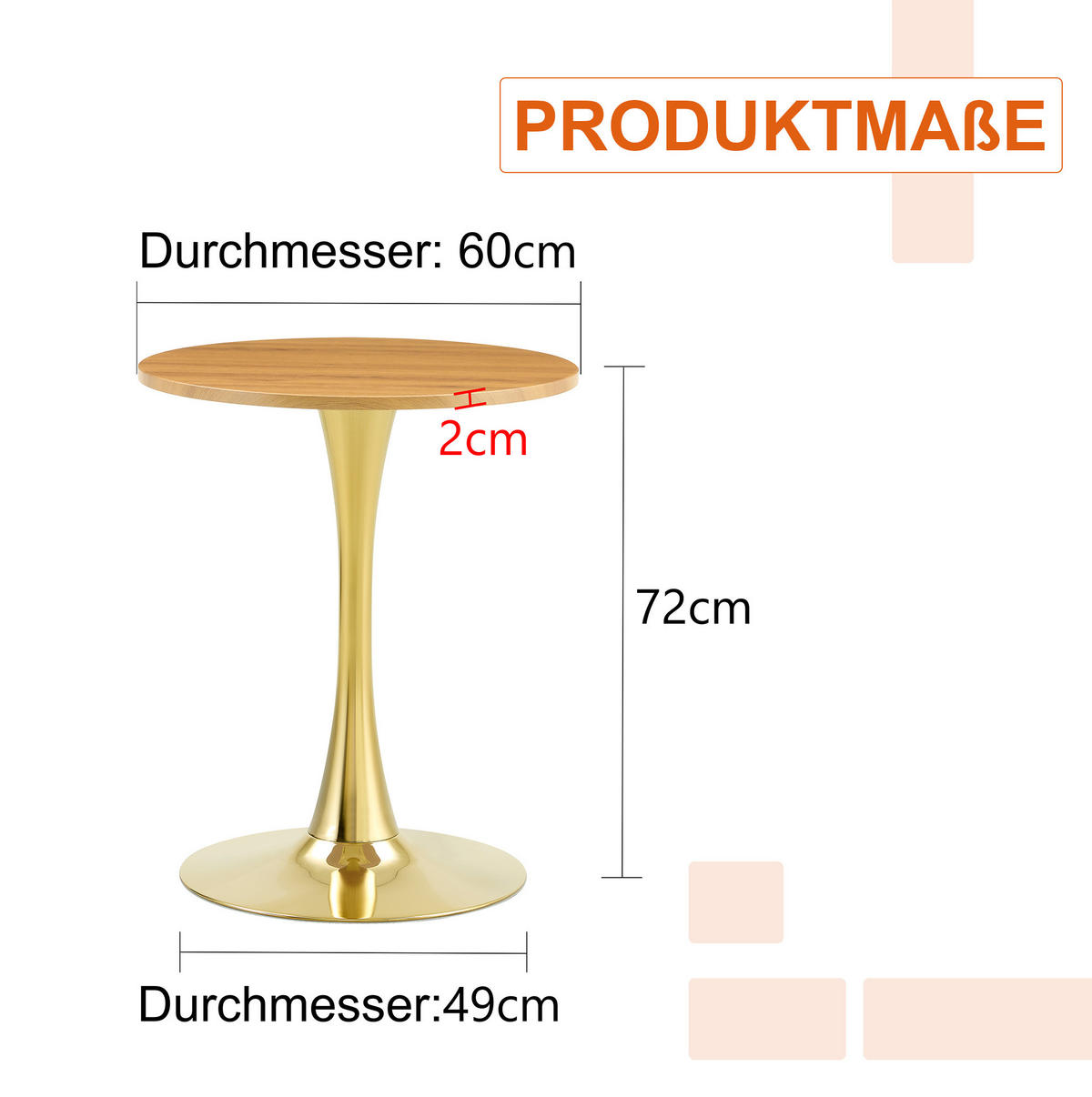 BEISTELLTISCH 60/60/72 cm mit MDF-Tischplatte und Metallgestell, runde Form und stabile Basis, Gold/Holzfarben - Schwarz, Holzwerkstoff (60/60/72cm) - Redom
