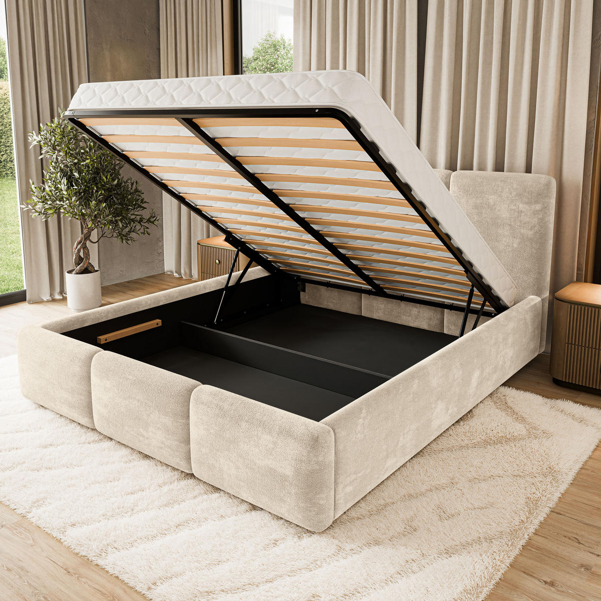 POLSTERBETT MORENA LM 160x200 cm mit Bettkästen - Creme - Creme, Holz (160/200cm) - MASSENO