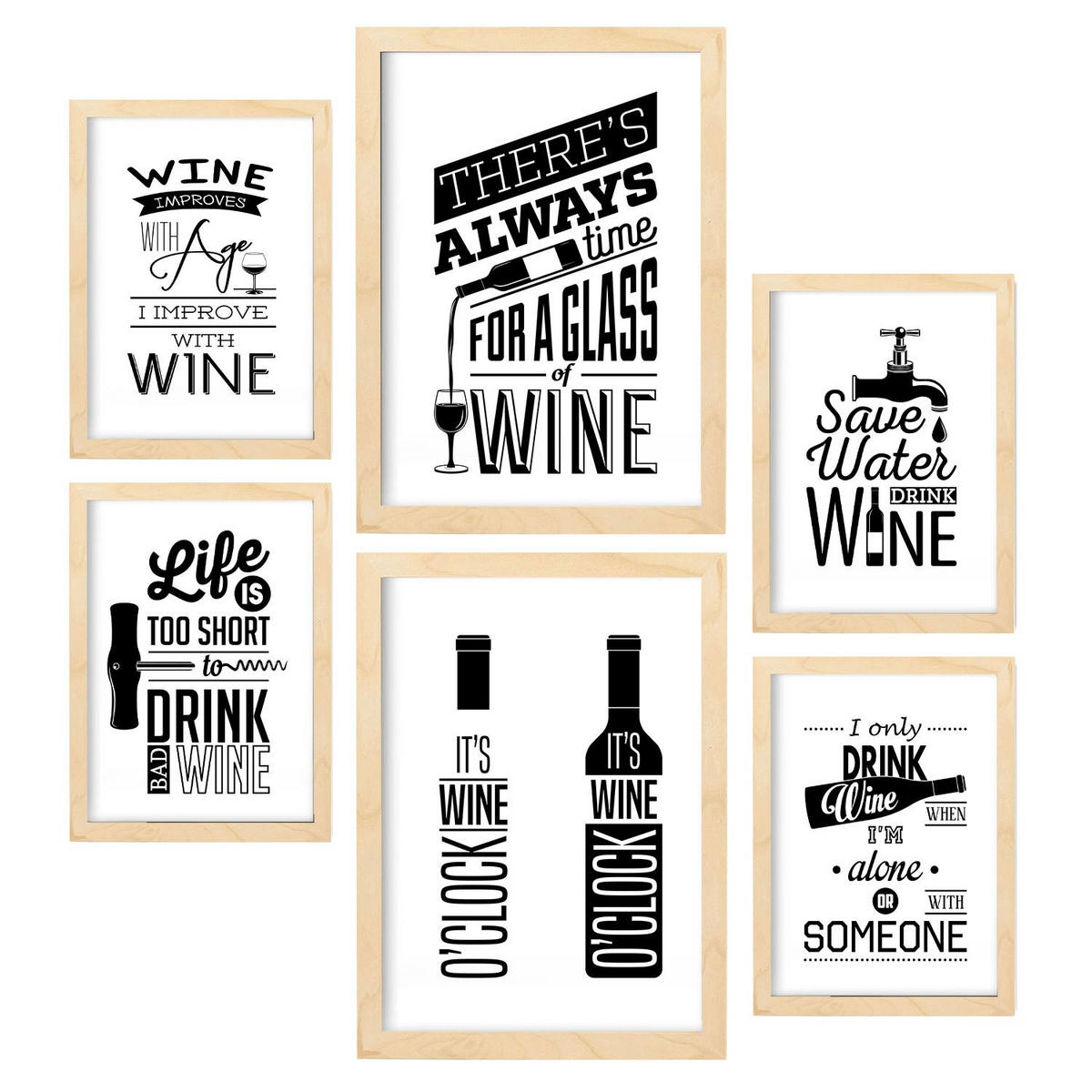 POSTER Set Mit 6 Wein 2 Vollfarbige Illustrationen Von Kaffee & Getränken Im Werbetafel Illustrationen Für & Heim A3 & A4 Rahmen Aus Hellem Holz - Beige, Papier (29/3cm) - Nacnic