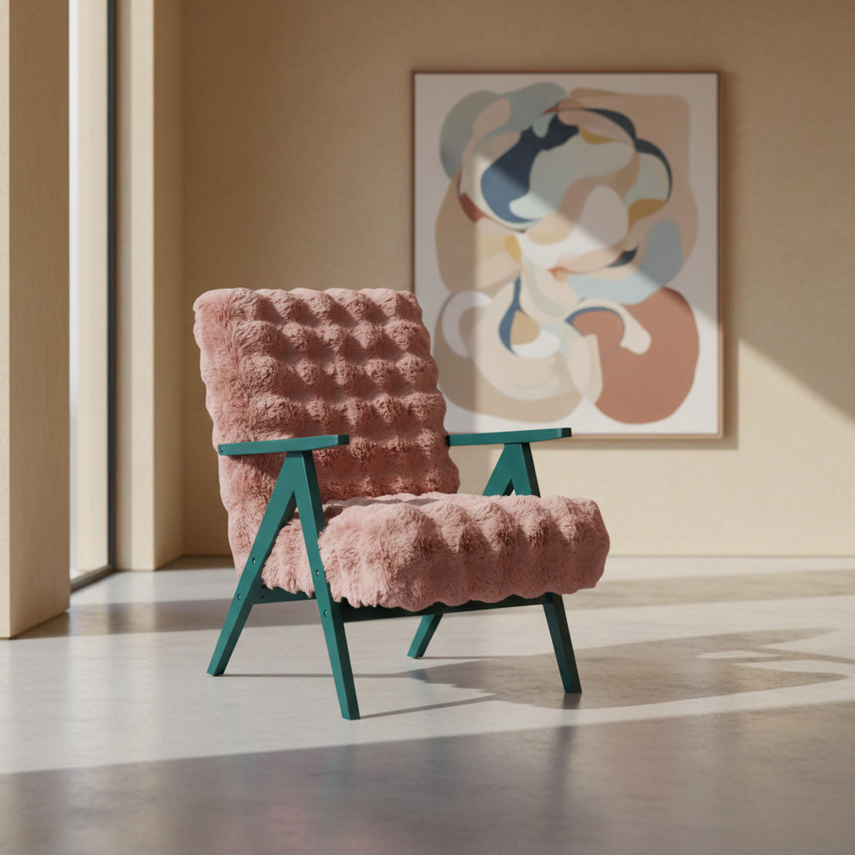SESSEL Capri Altrosa Bouclé - Grüne Füße - 64x80x83 cm - Smaragdgrün/Pink, Holz/Holzwerkstoff (64/80/83cm) - Ravio
