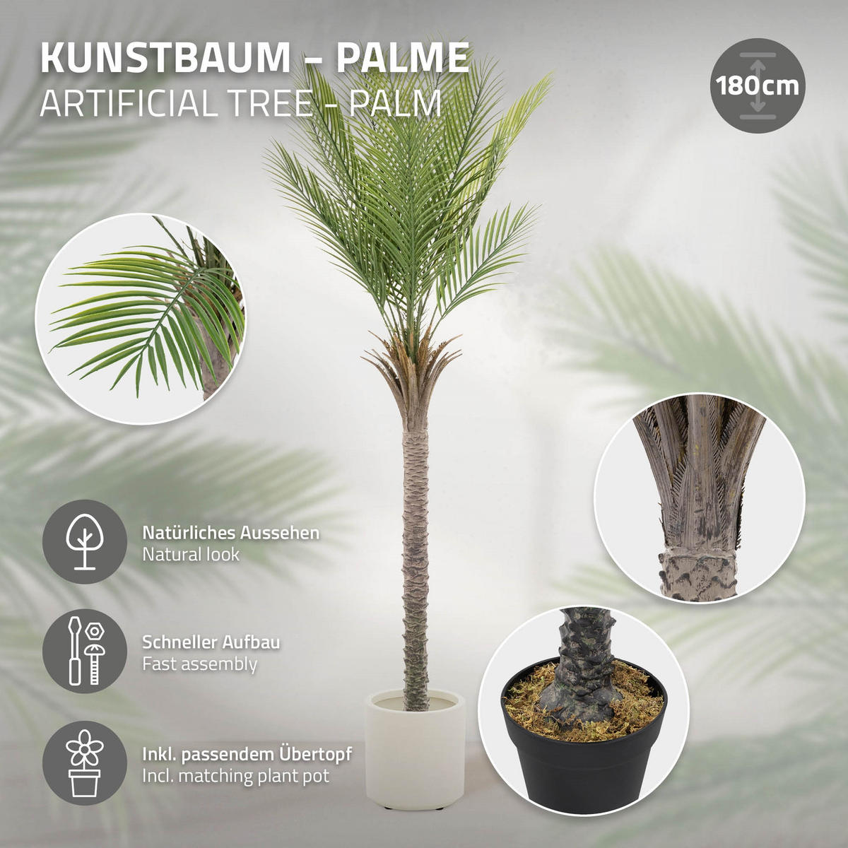 KUNSTPFLANZE Palme - Anthrazit/Grün, Holz/Kunststoff (180cm) - ML-DESIGN