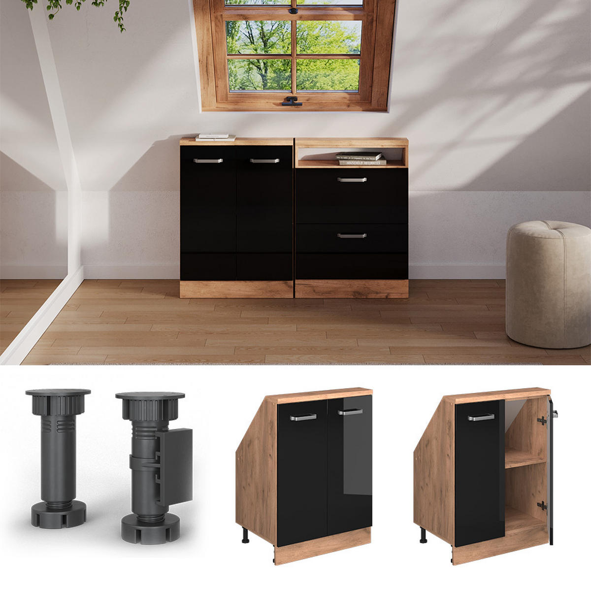 KUCHYŇSKÁ SKŘÍŇKA POD ŠIKMOU STŘECHU R-Line Černý/zlatý dub s vysokým leskem - medově dubová/černá, kompozitní dřevo (60/81.6/46cm) - Vicco