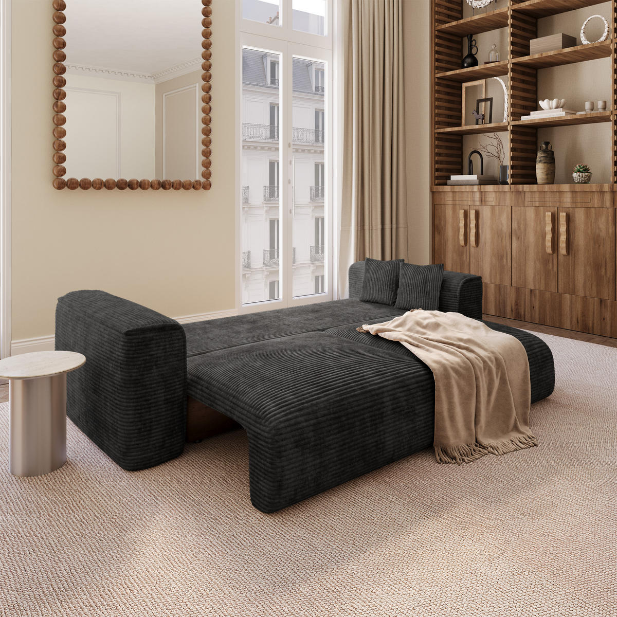 SCHLAFSOFA mit Stauraum COMO Cord Schwarz 254cm - Schwarz, Textil (254/78/95cm) - Premium Interiors