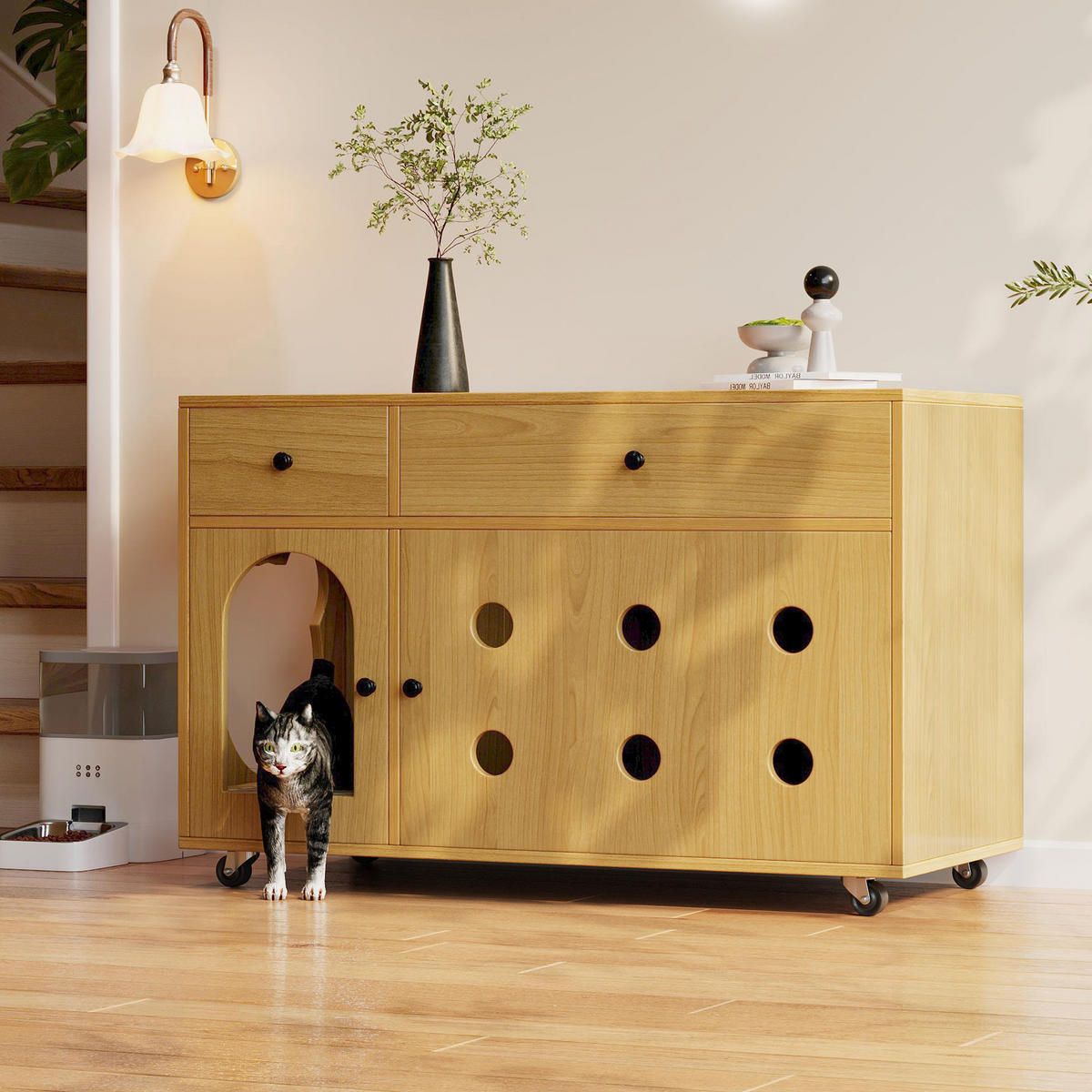SIDEBOARD Naturgarben aus MDF 100×45×66cm als Katzenkloschrank mit Sandauffangplatte und Schubladen - Naturfarben, Holzwerkstoff (45/66/10cm) - Luhomfu