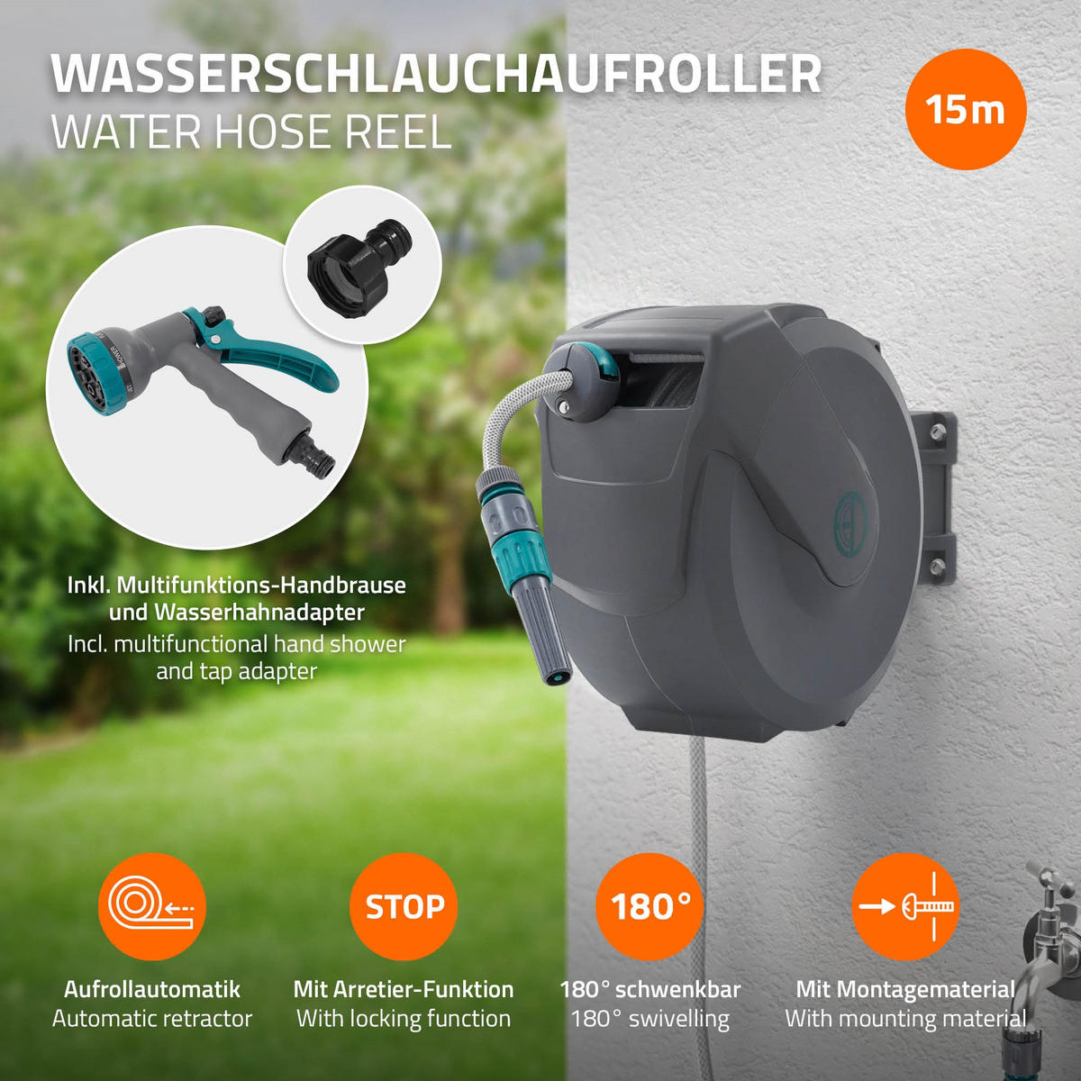 SCHLAUCHAUFROLLER 15m - Grau, Kunststoff (15/33.5/43cm) - ECD-Germany