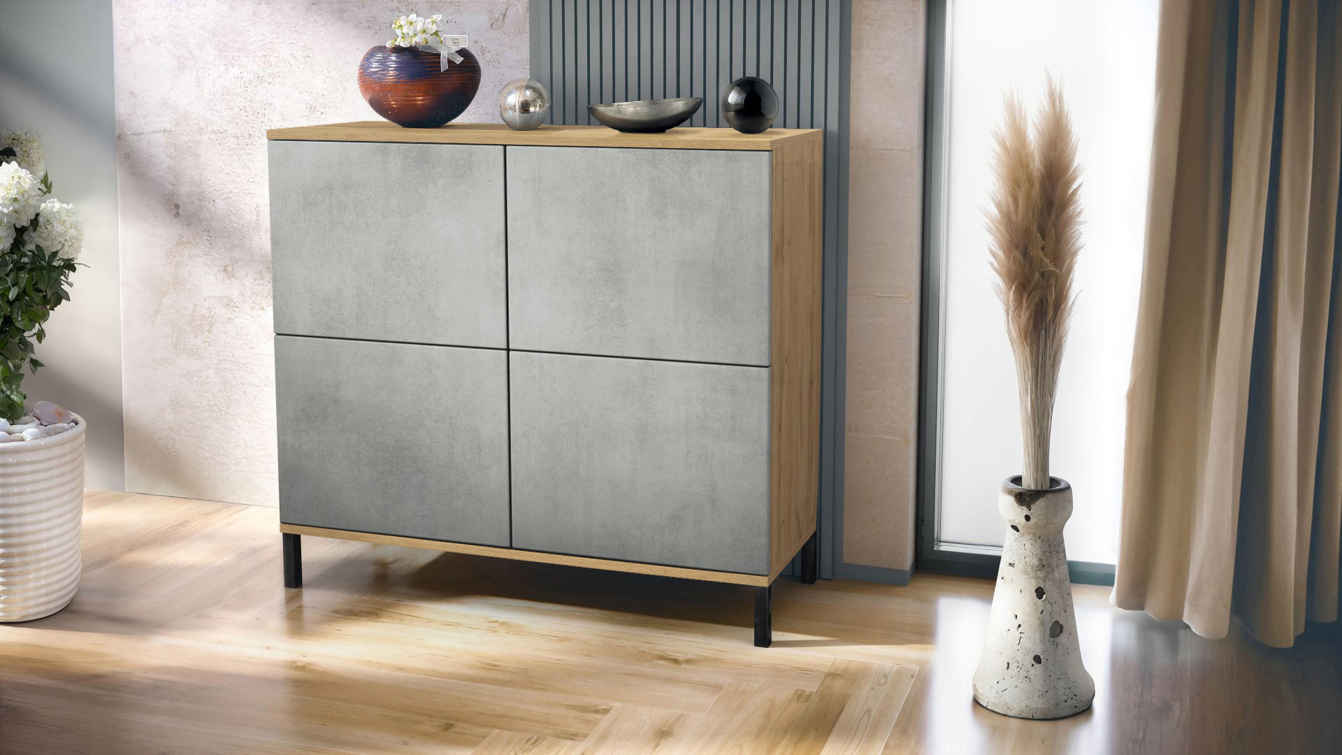 KOMMODE Rova Beton Oxid Optik - Hellgrau, Holzwerkstoff (92.5/83.5/35cm) - Vladon