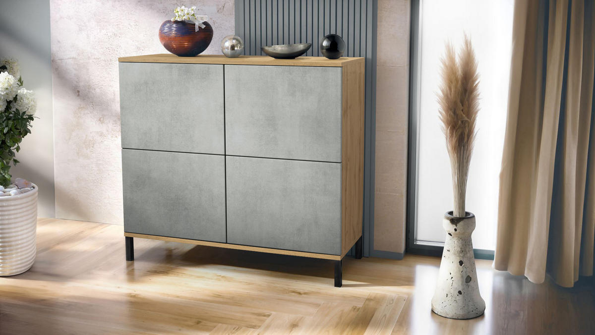 KOMMODE Rova Beton Oxid Optik - Hellgrau, Holzwerkstoff (92.5/83.5/35cm) - Vladon