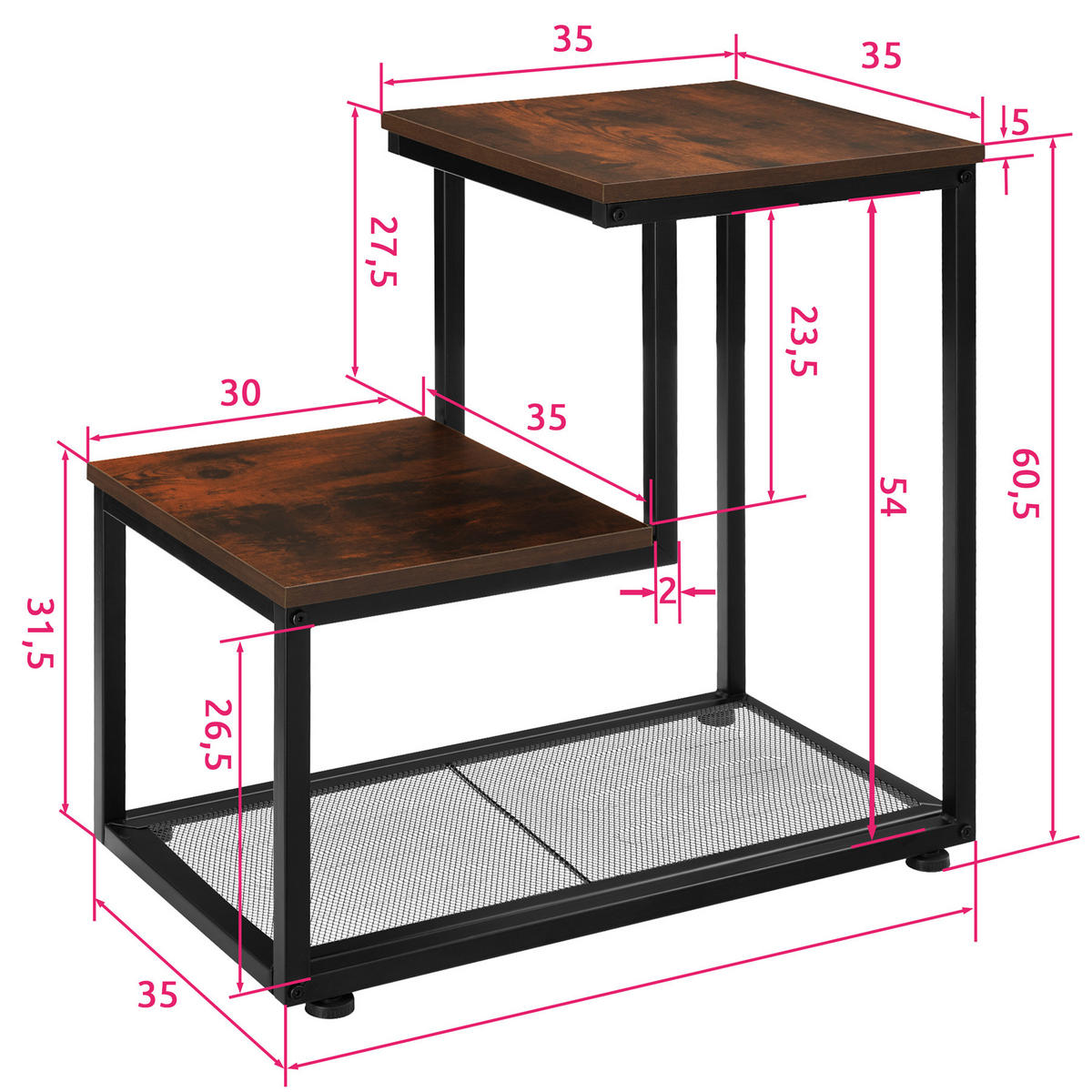 BEISTELLTISCH Halifax,60,5 x 35,5 x 60,5 cm,Industrial Holz dunkel, rustikal - Rostfarben, Holz (60.5/35.5/60.5cm) - tectake