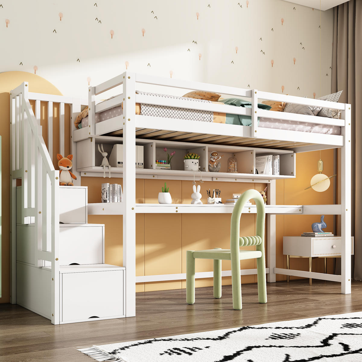 KINDERHOCHBETT 90/200 cm Weiß mit Stauraumtreppe und Schreibtisch - Weiß, Holz (90/200cm) - MIVRAY