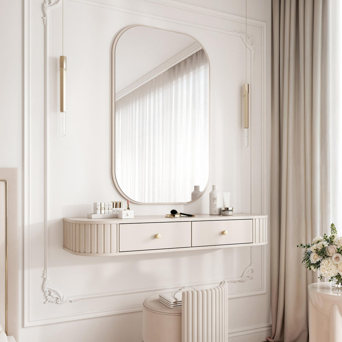 SCHMINKTISCH OVALINE mit Spiegel, 123 cm Beige - Beige/Goldfarben, Holzwerkstoff/Metall (123/17.5/36cm) - Idohome