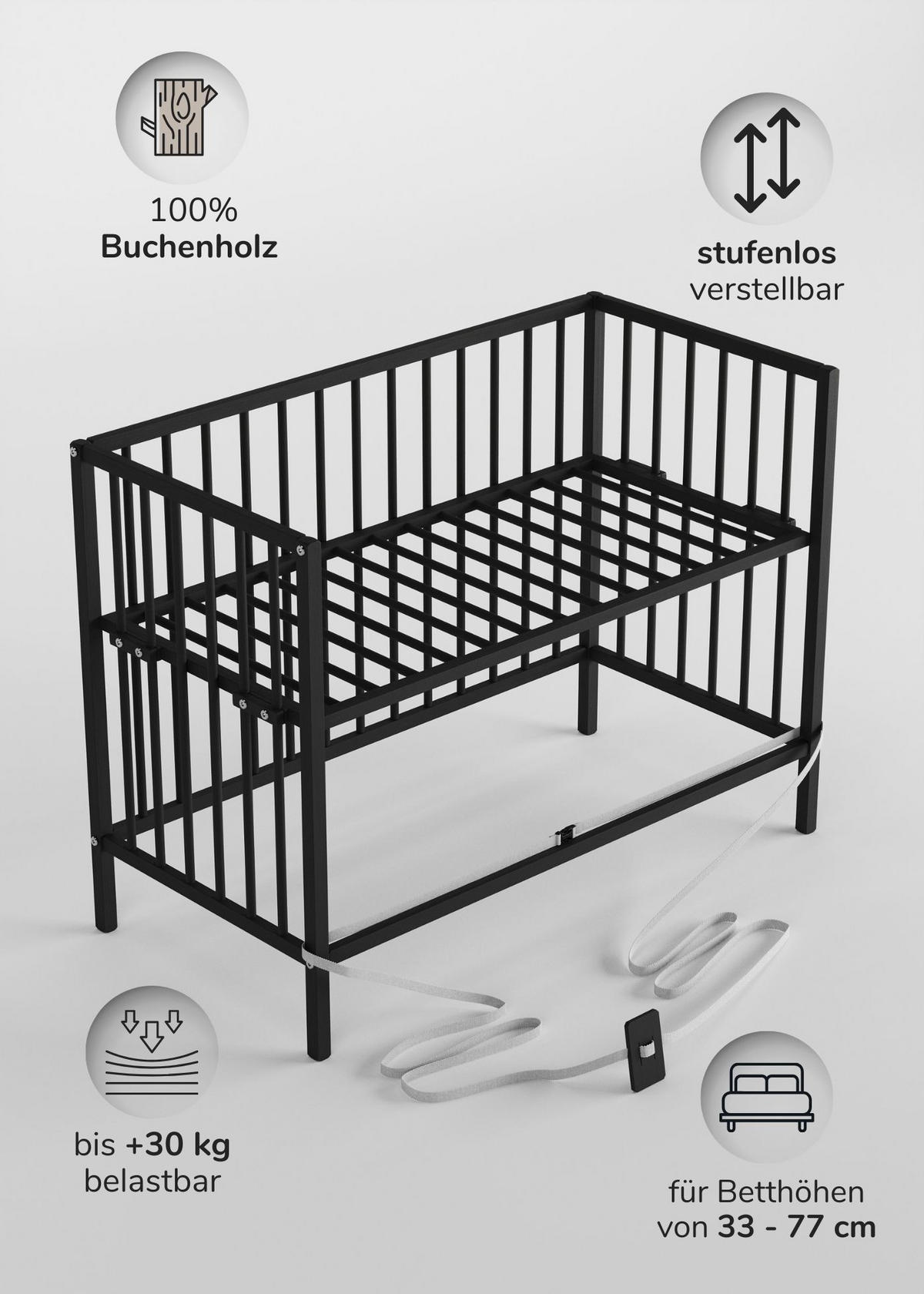 BEISTELLBETT mit Umbauseite & Rollen -BLACK EDITION - Dreamy 4 in 1 Bett - Schwarz, Holz (120/90/60cm) - Sämann – make a difference.