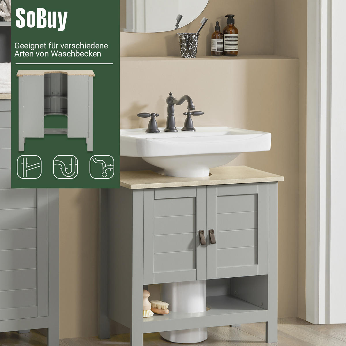 WASCHBECKENUNTERSCHRANK Grau - Grau, Holzwerkstoff (60/60/30cm) - SoBuy