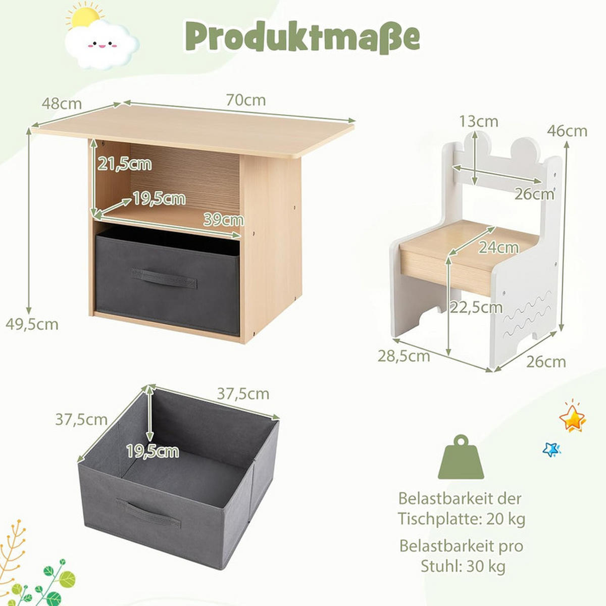 KINDERTISCH mit Stuhl weiß(3-tlg) - Weiß, Holzwerkstoff (70/49.5/48cm) - COSTWAY