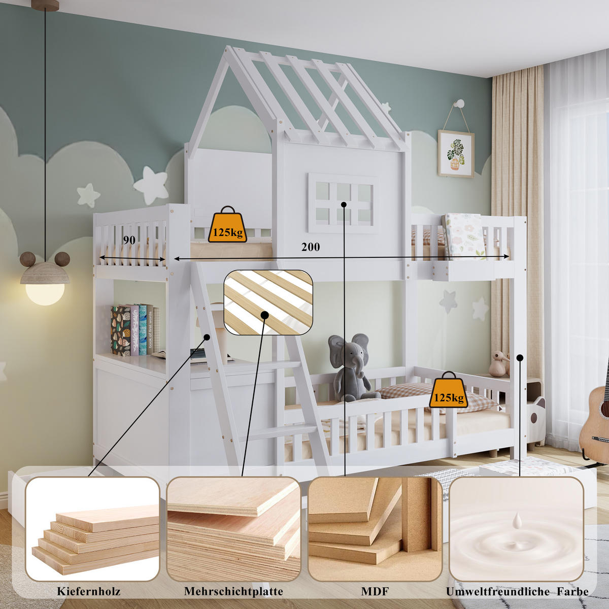 ETAGENBETT 90/200 cm Weiß mit Schubladen, Dach und Lesetisch aus Kiefer und MDF - Weiß, Holzwerkstoff (90/200cm) - OKWISH