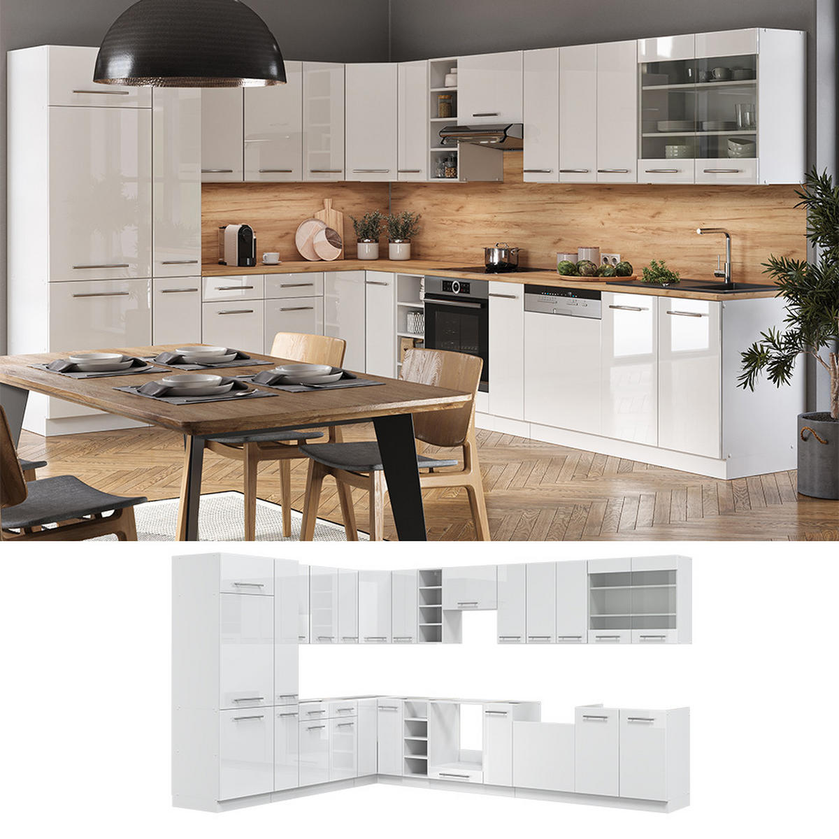 ECKKÜCHE Fame-Line Weiß Hochglanz/Weiß 347 x 257 cm ohne AP - Weiß Hochglanz/Weiß, Holzwerkstoff (347/81.6/46cm) - Vicco