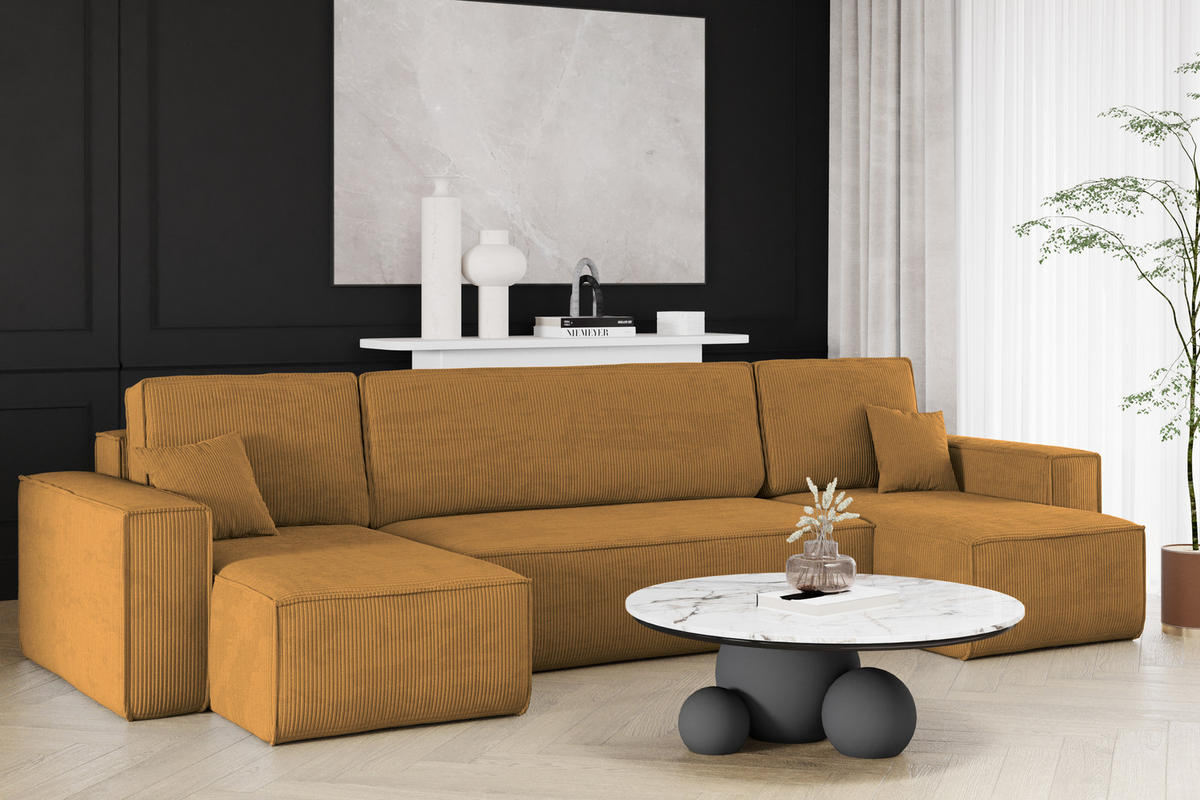 ECKSOFA Mit Schlaffunktion Und Bettkasten BEST Dicker Cord Poso Senffarbe - Gelb, Holz/Textil (312/142cm) - Kaiser Möbel