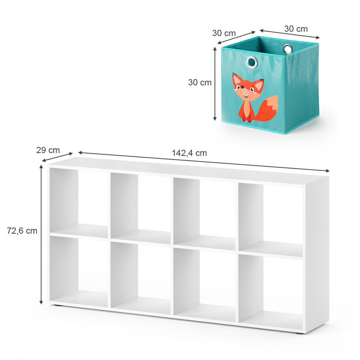 KINDERREGAL Scutum Weiß 143 x 72 cm mit 8 Faltboxen - Weiß, Holzwerkstoff (143/72/29cm) - Vicco