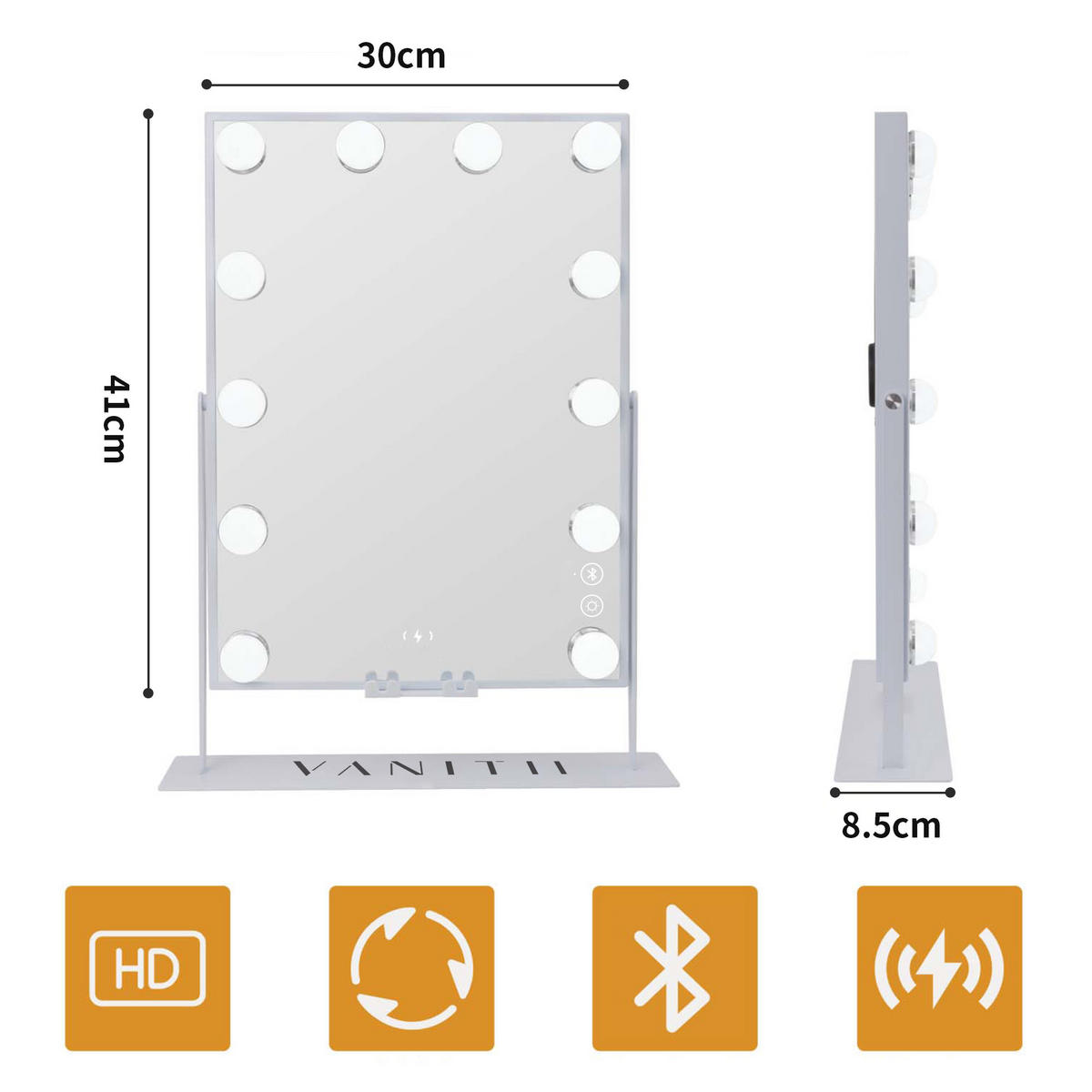 SCHMINKSPIEGEL mit LED-Beleuchtung und Bluetooth weiß 30/41 cm - Weiß, Metall (30/41/3cm) - VANITII