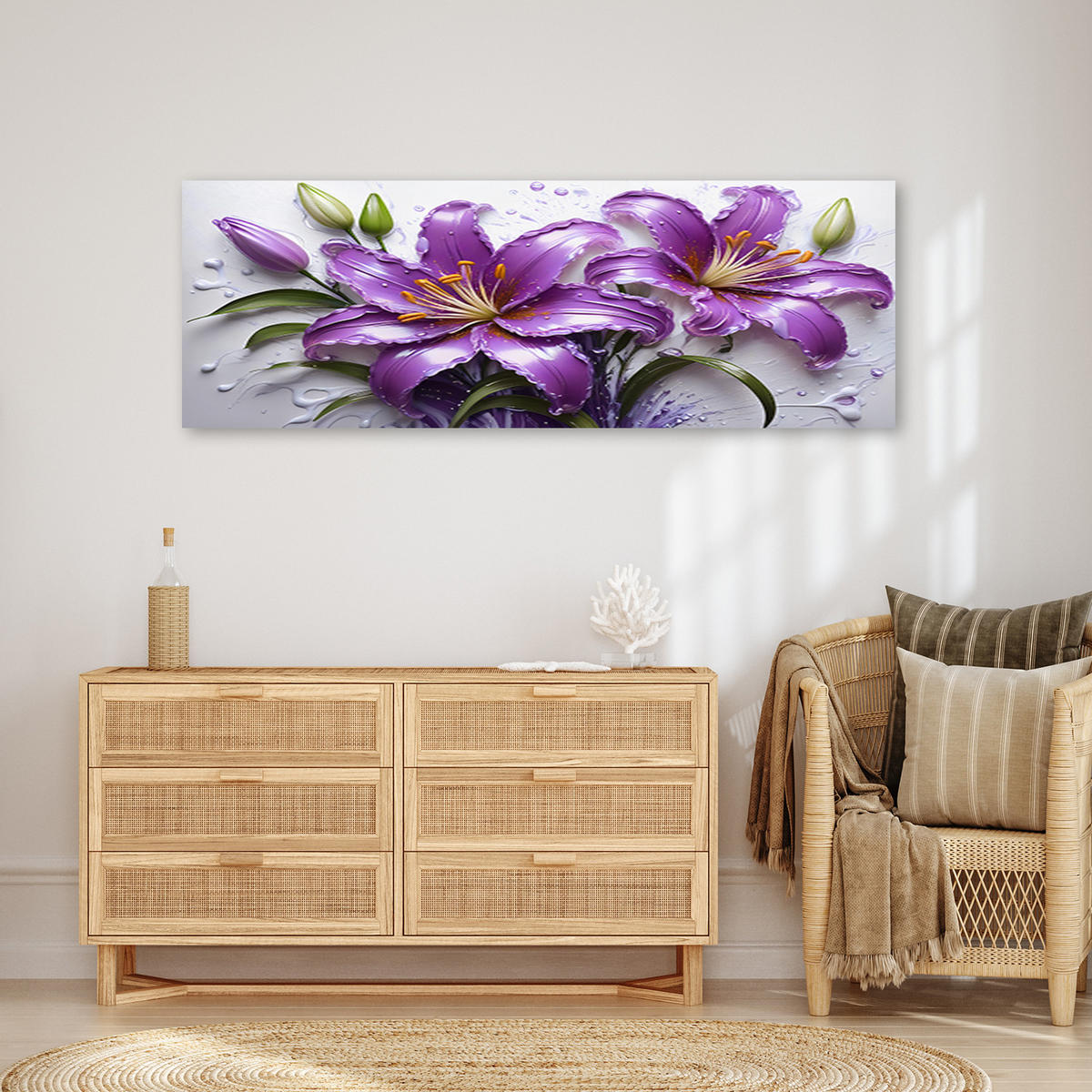 WANDBILD blumen lila lilien wassertropfen - Lila, Textil (90/30cm) - Feeby