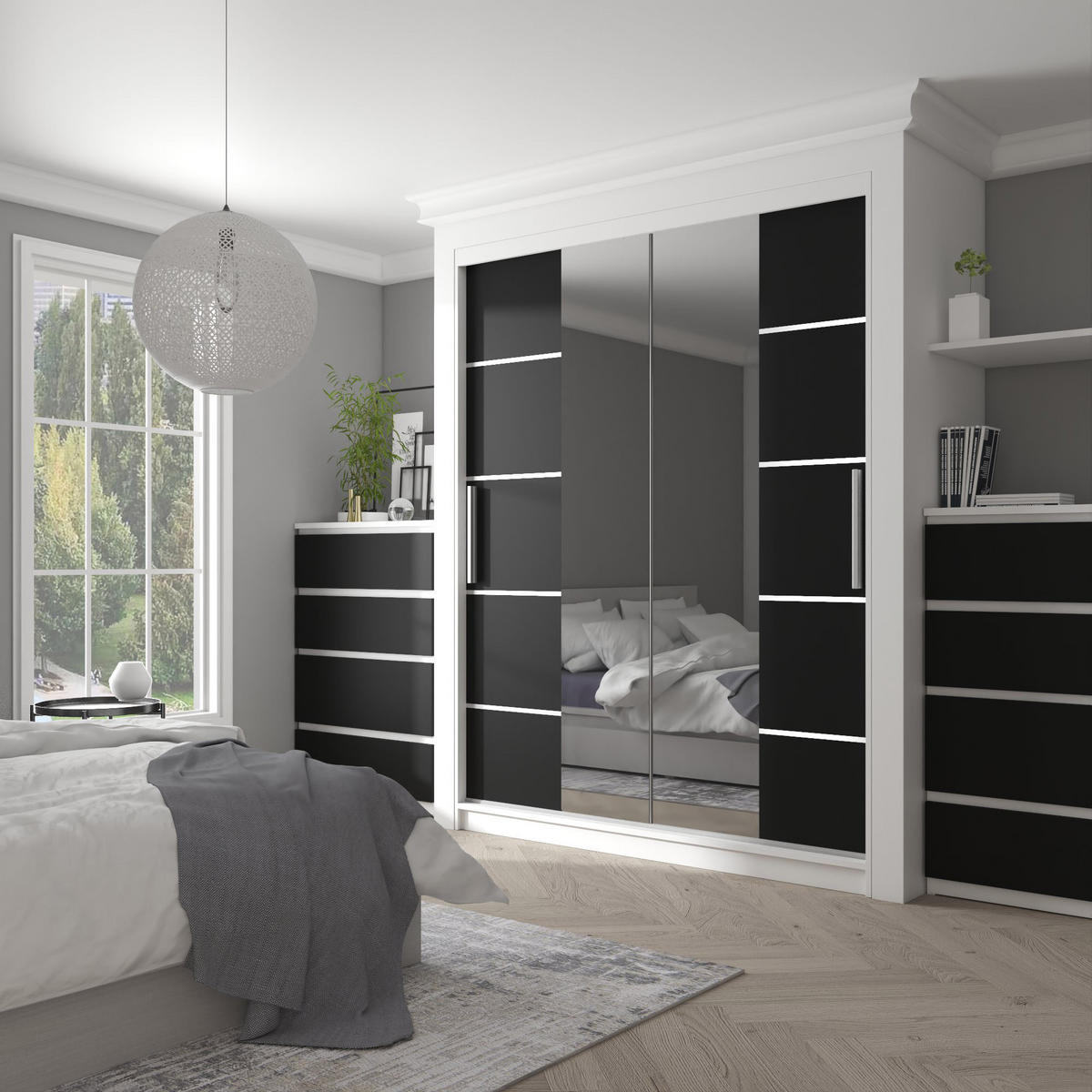 SCHWEBETÜRENSCHRANK Verona ME, Weiß/Schwarz Matt, 158 cm, mit Spiegel & 2 Schubladen - Schwarz, Holz (158/216/60cm) - B BELINI GROUP