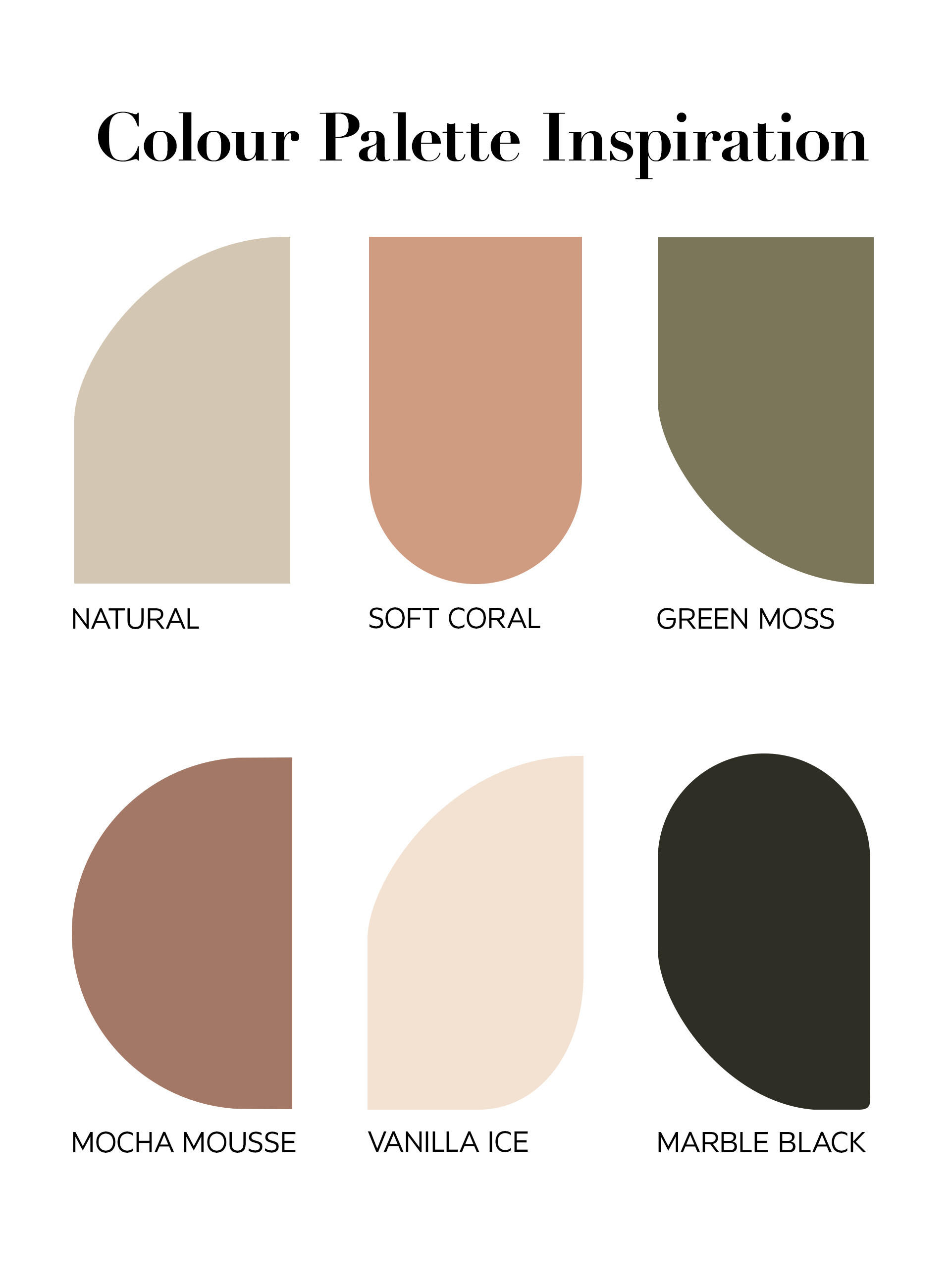 Color Palette Inspiration: Natural, Soft Coral, Green Moss, Mocha Mousse, Vanilla Ice, Marble Black