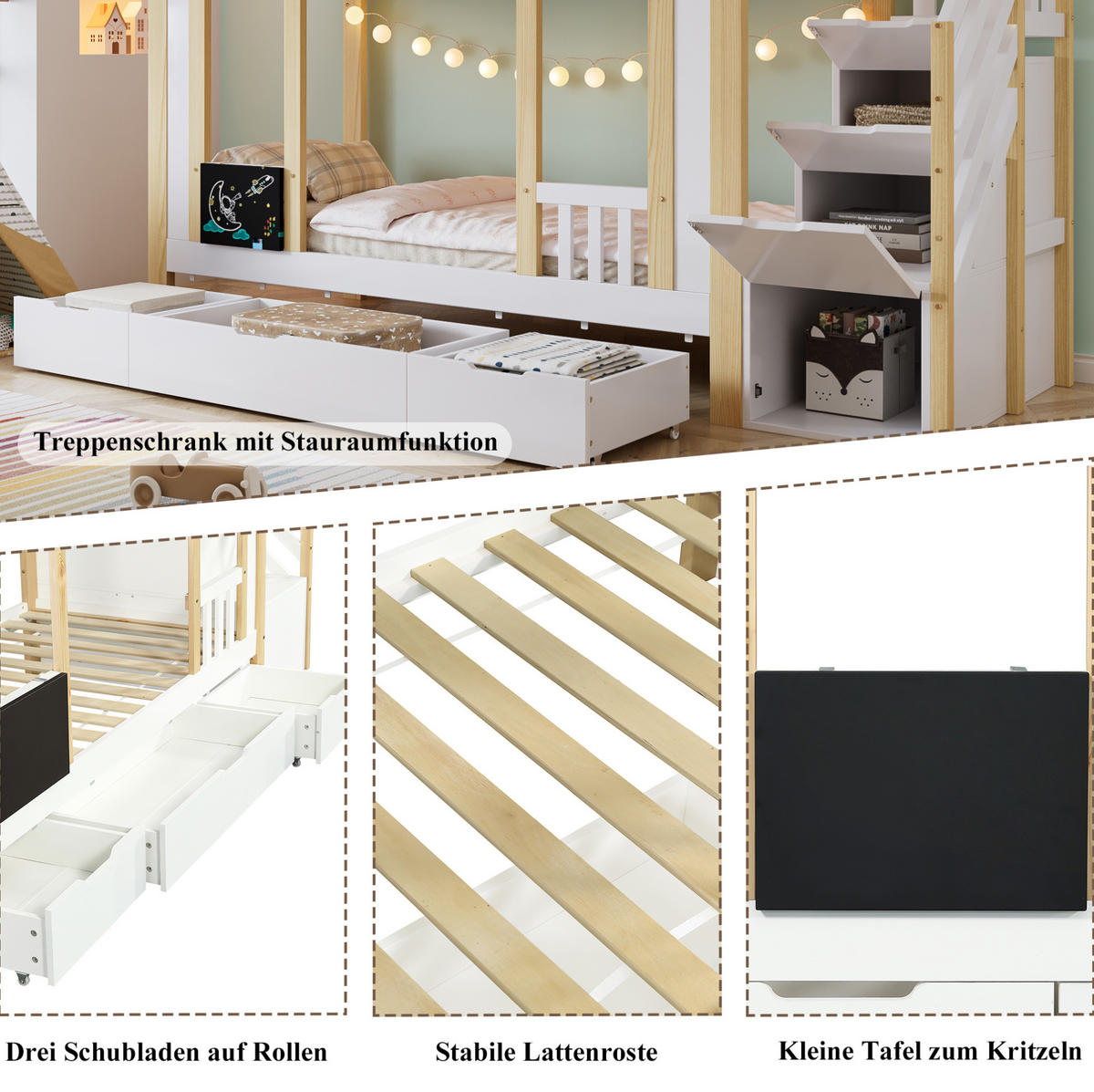 ETAGENBETT aus Kiefer und MDF 90x200 cm Weiß/Natur mit Stauraumtreppe, 3 Schubladen und Kritzeltafel - Weiß, Holzwerkstoff (90/200cm) - Modfu